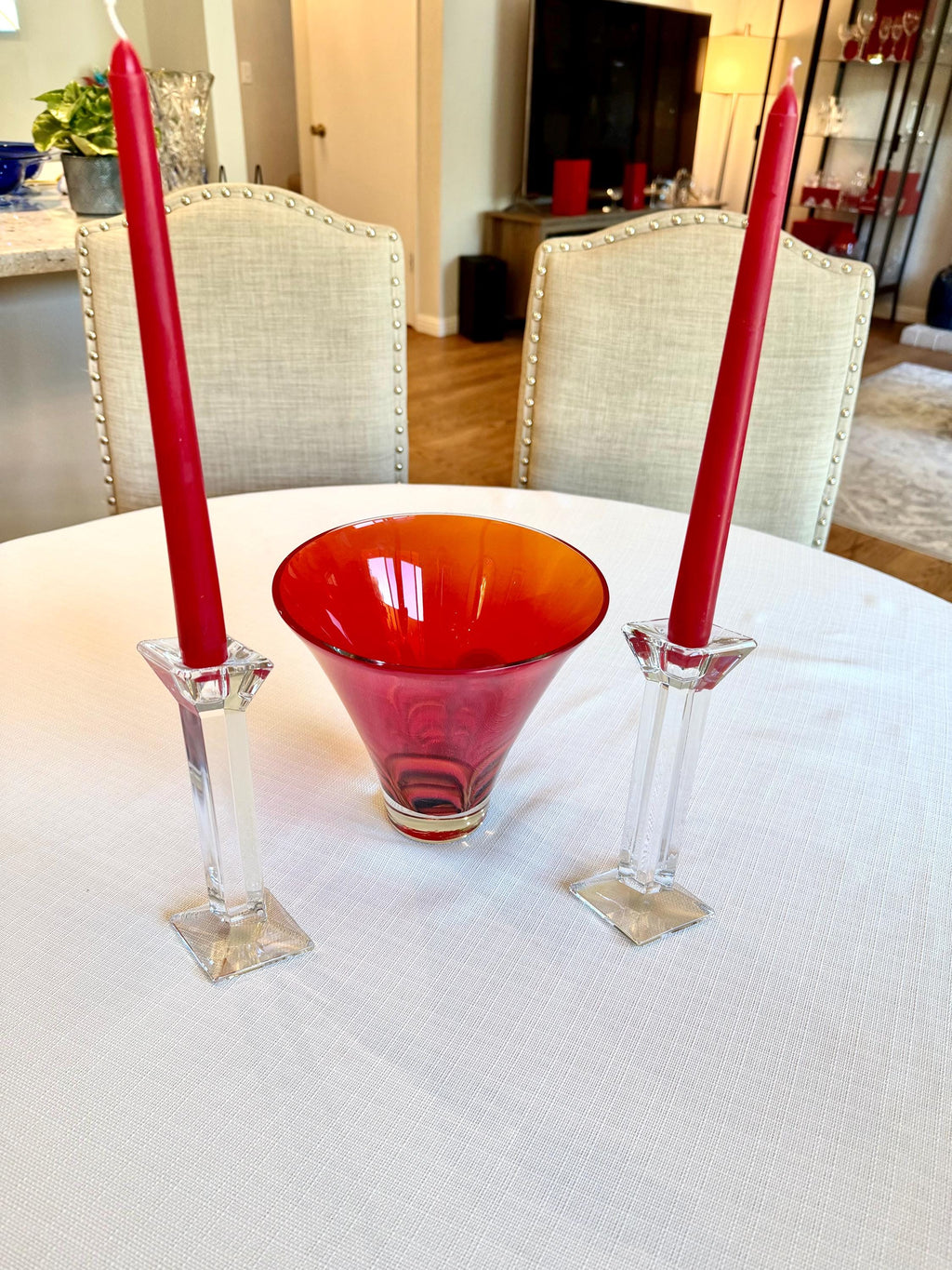 Modernist Crystal Candlesticks – Pair of Geometric Faceted Candle Holders Vintage