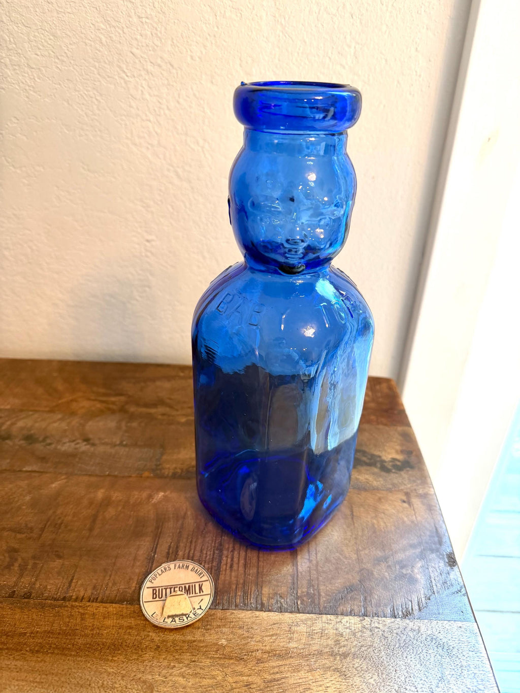 Cobalt Blue Baby Bottle Pair – Figural Glass Nursery Bottles – Depression Era Style Milk Bottles – Oakland & Laskey Dairy Advertising Glass