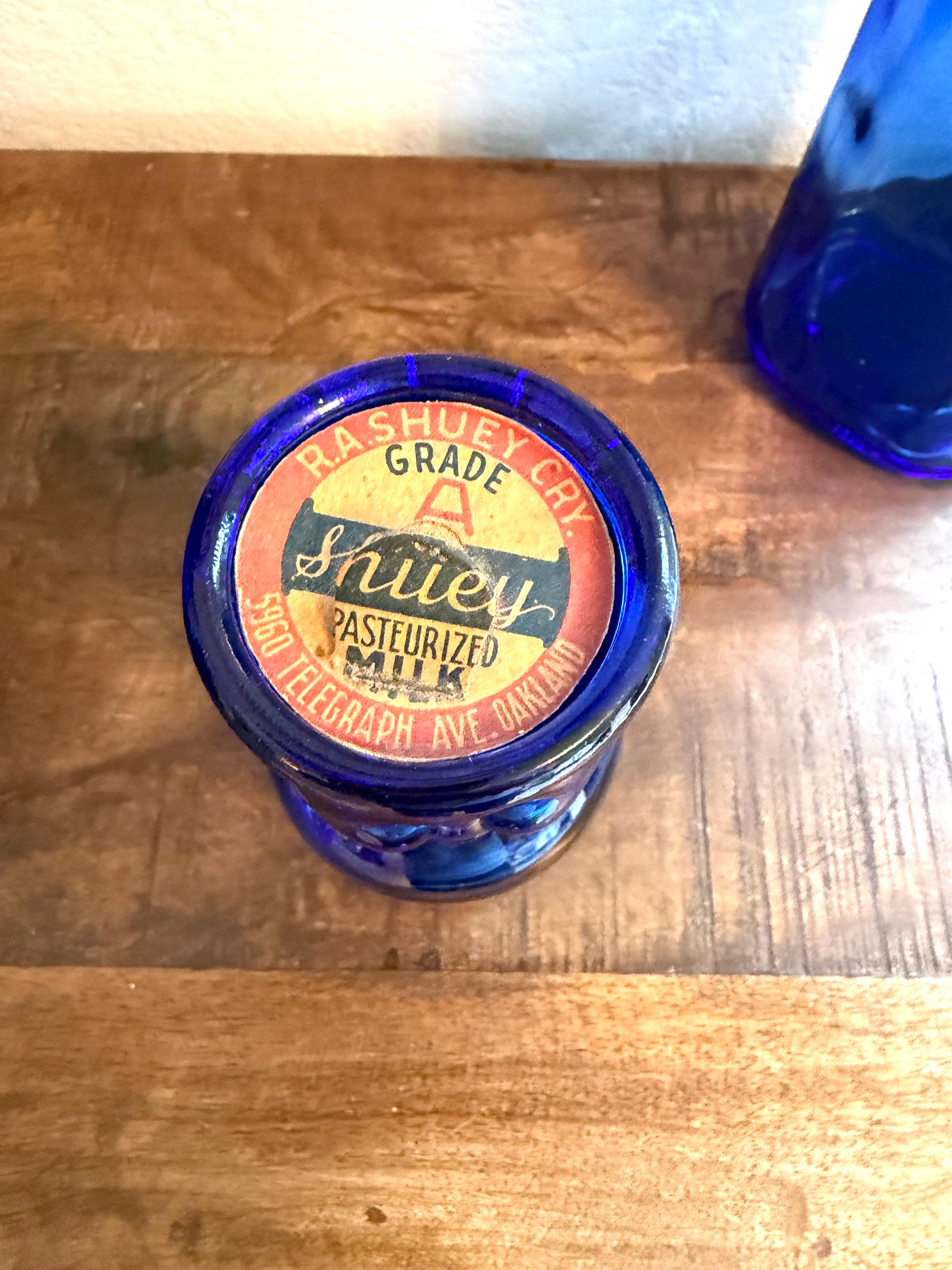 Cobalt Blue Baby Bottle Pair – Figural Glass Nursery Bottles – Depression Era Style Milk Bottles – Oakland & Laskey Dairy Advertising Glass