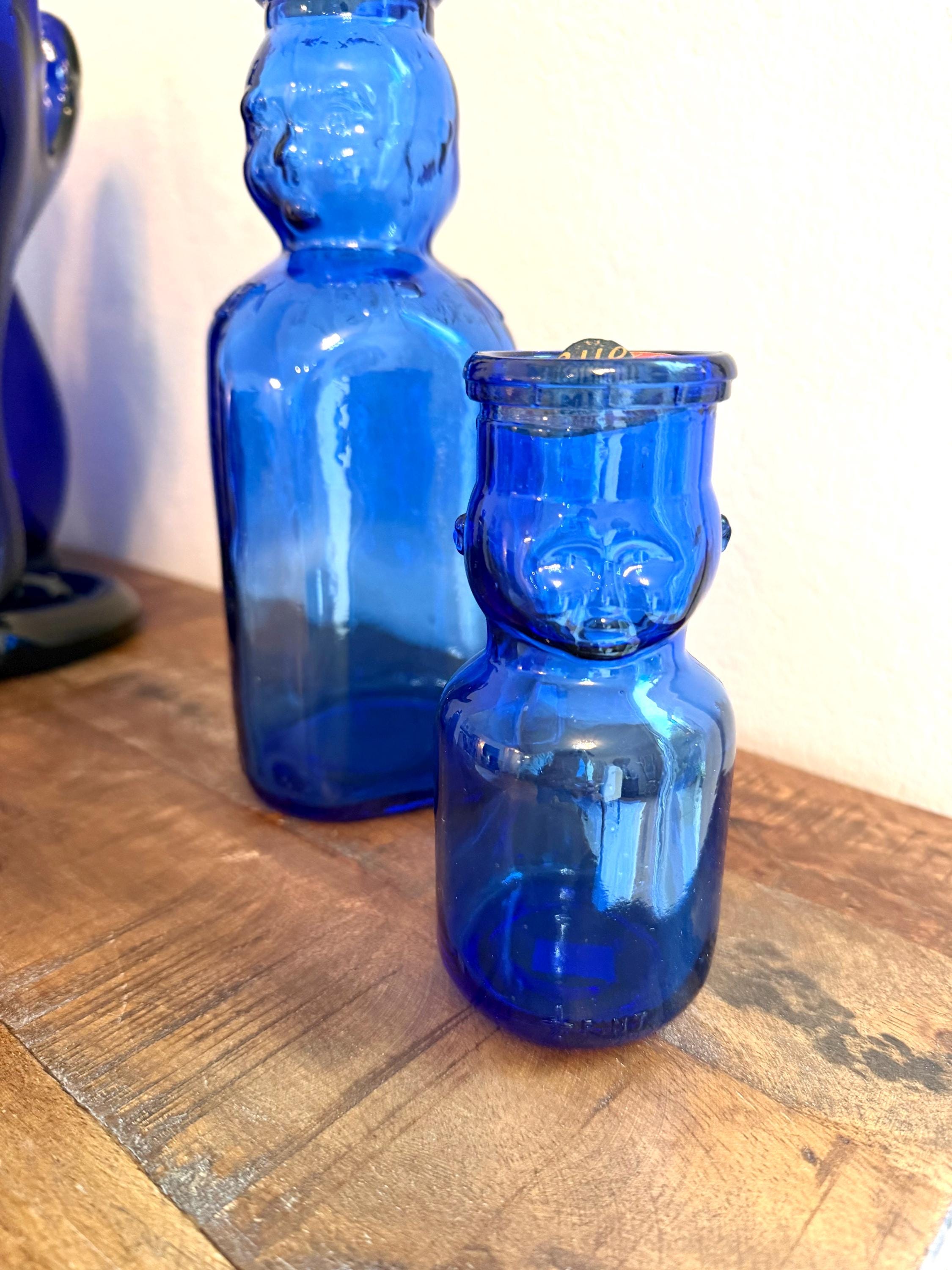 Cobalt Blue Baby Bottle Pair – Figural Glass Nursery Bottles – Depression Era Style Milk Bottles – Oakland & Laskey Dairy Advertising Glass