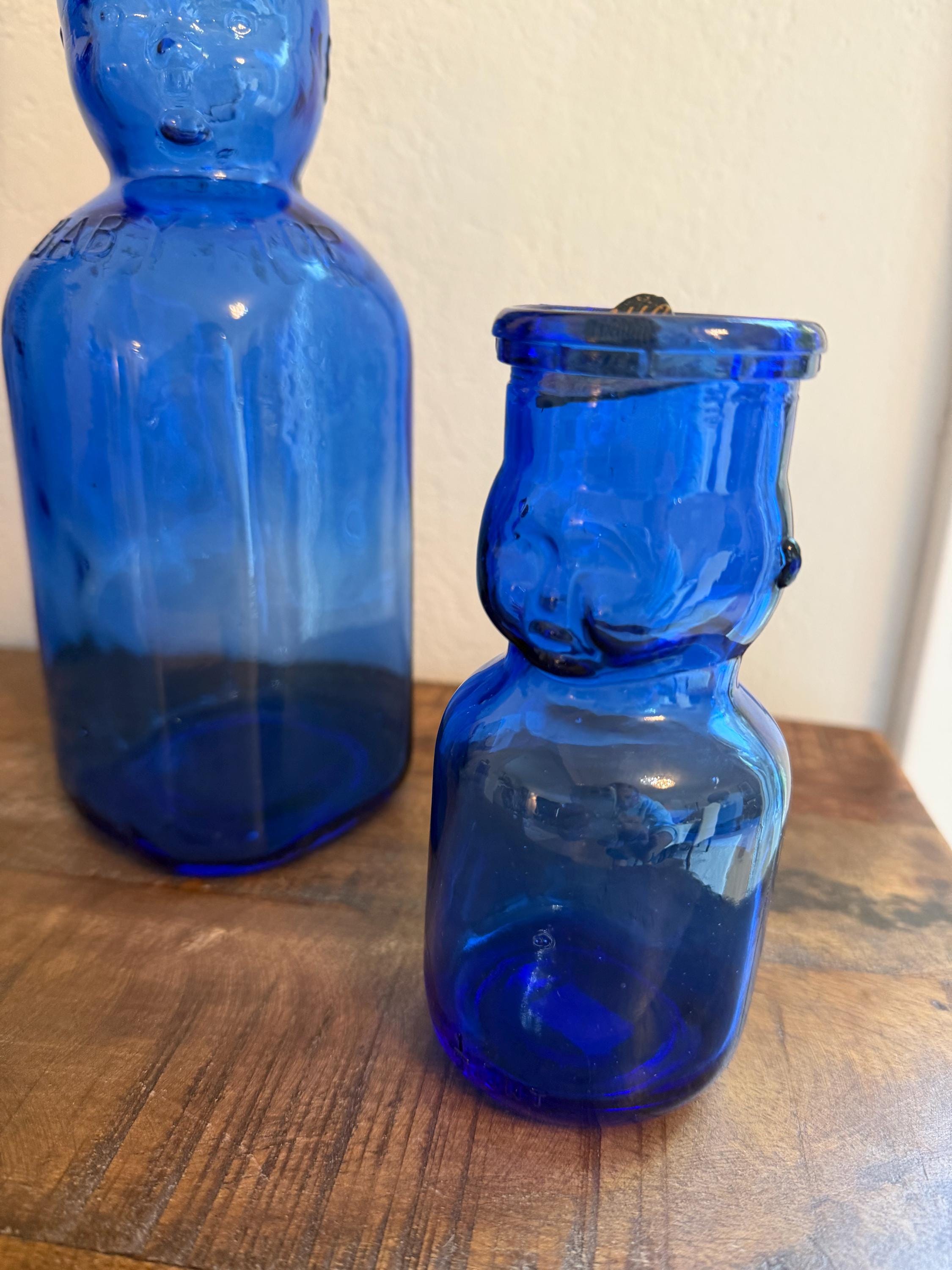 Cobalt Blue Baby Bottle Pair – Figural Glass Nursery Bottles – Depression Era Style Milk Bottles – Oakland & Laskey Dairy Advertising Glass