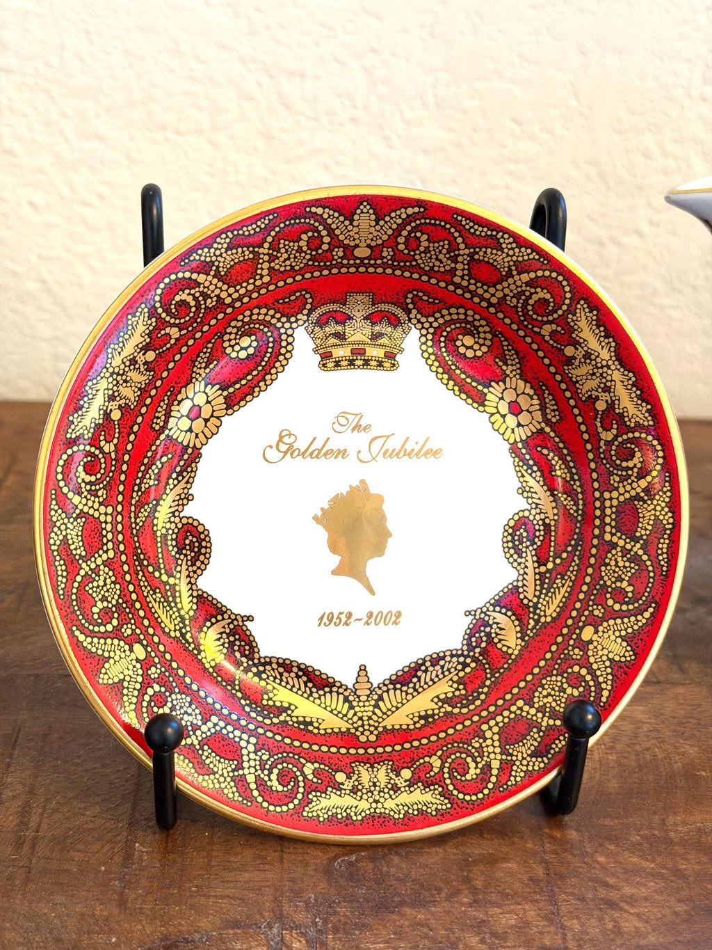 James Sadler Queen Elizabeth II Coronation Teapot & Golden Jubilee Plate Set 1953 2003 England Red Blue Gold Royal Commemorative Fine Bone C