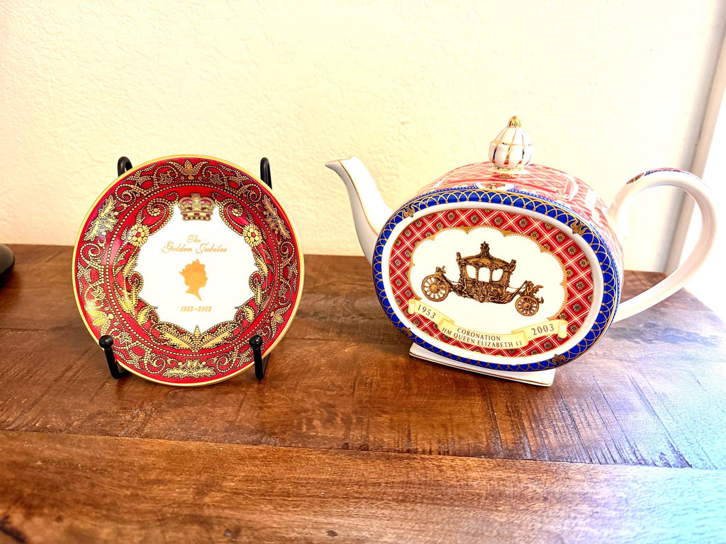 James Sadler Queen Elizabeth II Coronation Teapot & Golden Jubilee Plate Set 1953 2003 England Red Blue Gold Royal Commemorative Fine Bone C