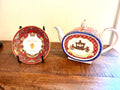 James Sadler Queen Elizabeth II Coronation Teapot & Golden Jubilee Plate Set 1953 2003 England Red Blue Gold Royal Commemorative Fine Bone C