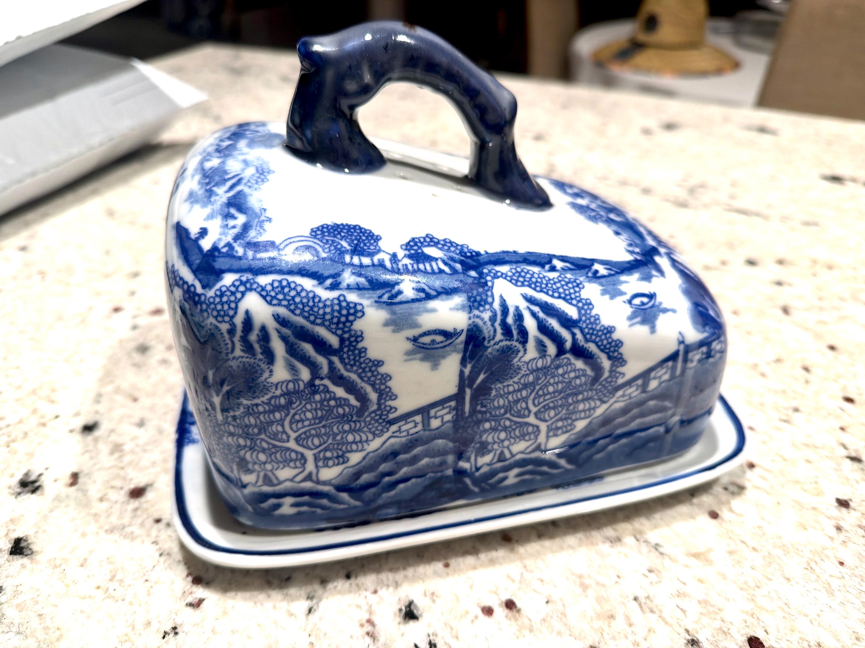 Ironstone Blue White English Covered Butter Dish Chinoiserie Transferware Cottage Core Kitchen Decor Antique