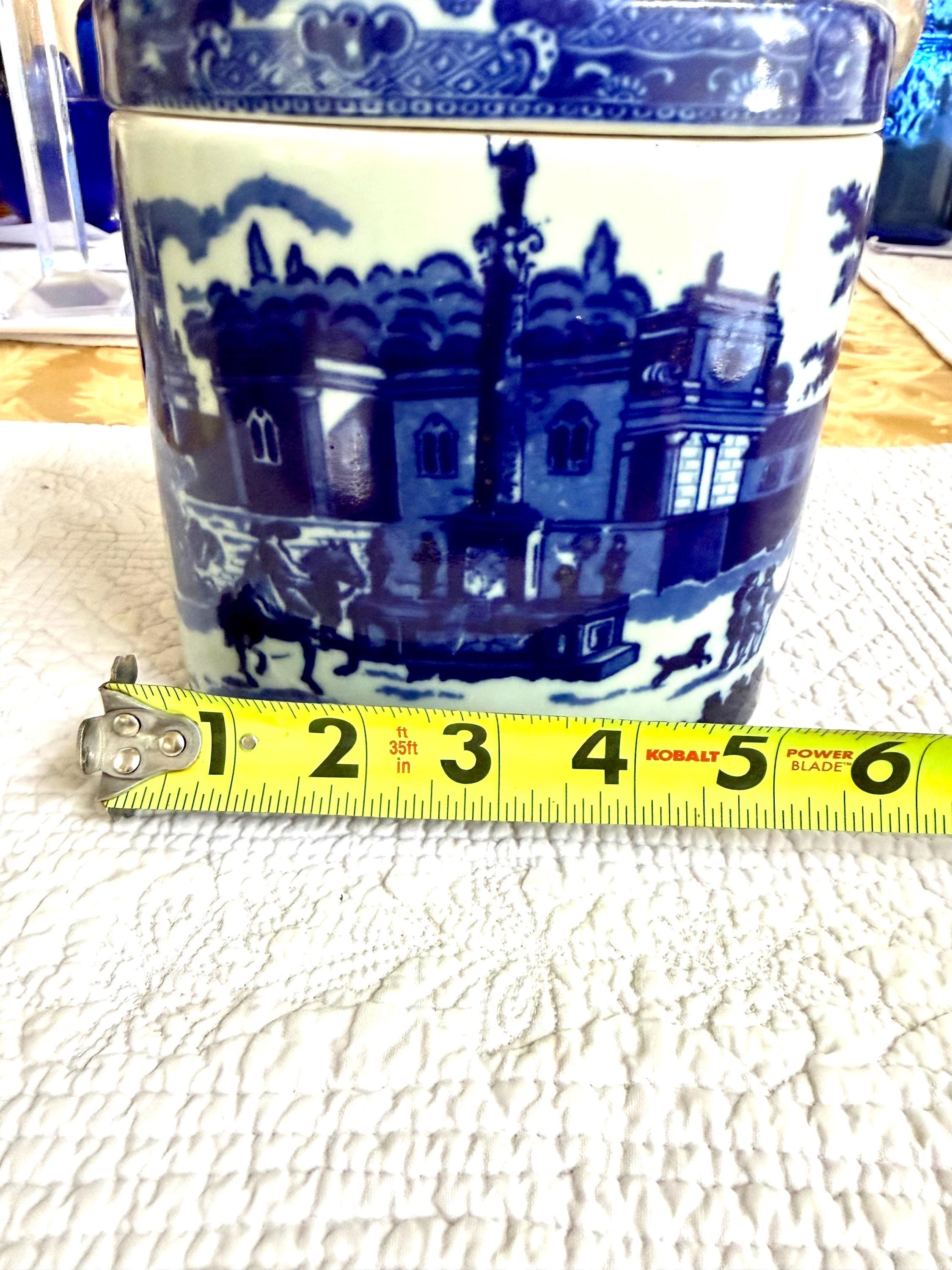 Blue White Transferware Tobacco Jar English Ironstone Lidded Jar Chinoiserie Village Scene Cottage Decor
