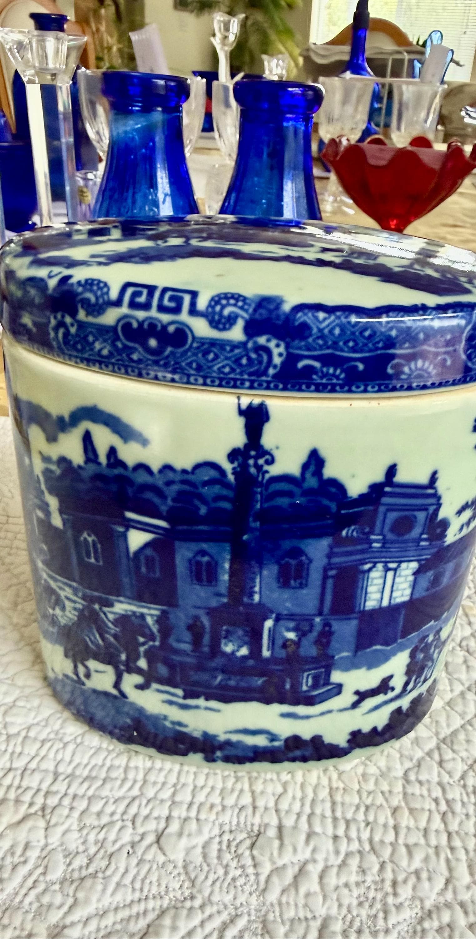 Blue White Transferware Tobacco Jar English Ironstone Lidded Jar Chinoiserie Village Scene Cottage Decor