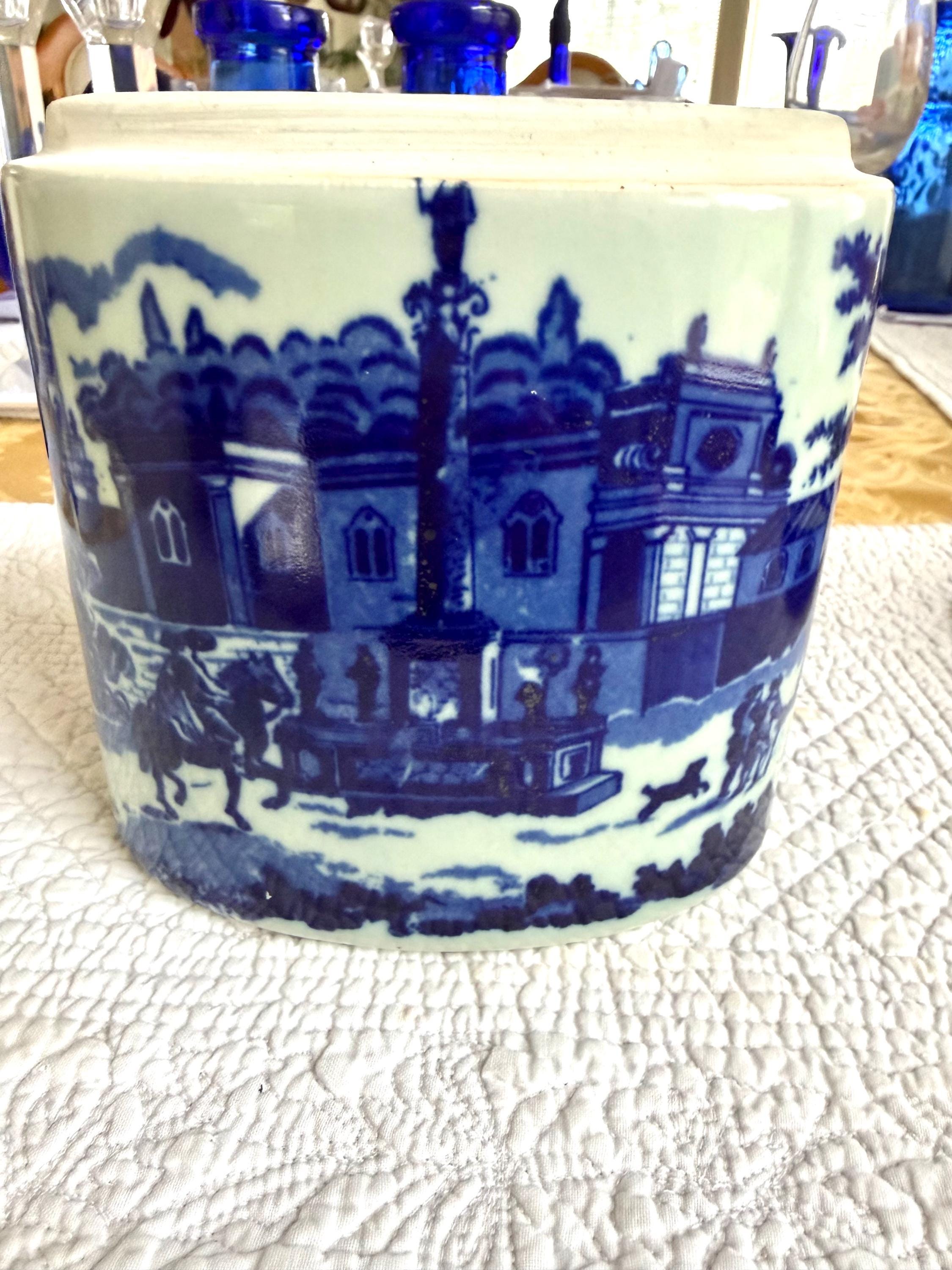 Blue White Transferware Tobacco Jar English Ironstone Lidded Jar Chinoiserie Village Scene Cottage Decor