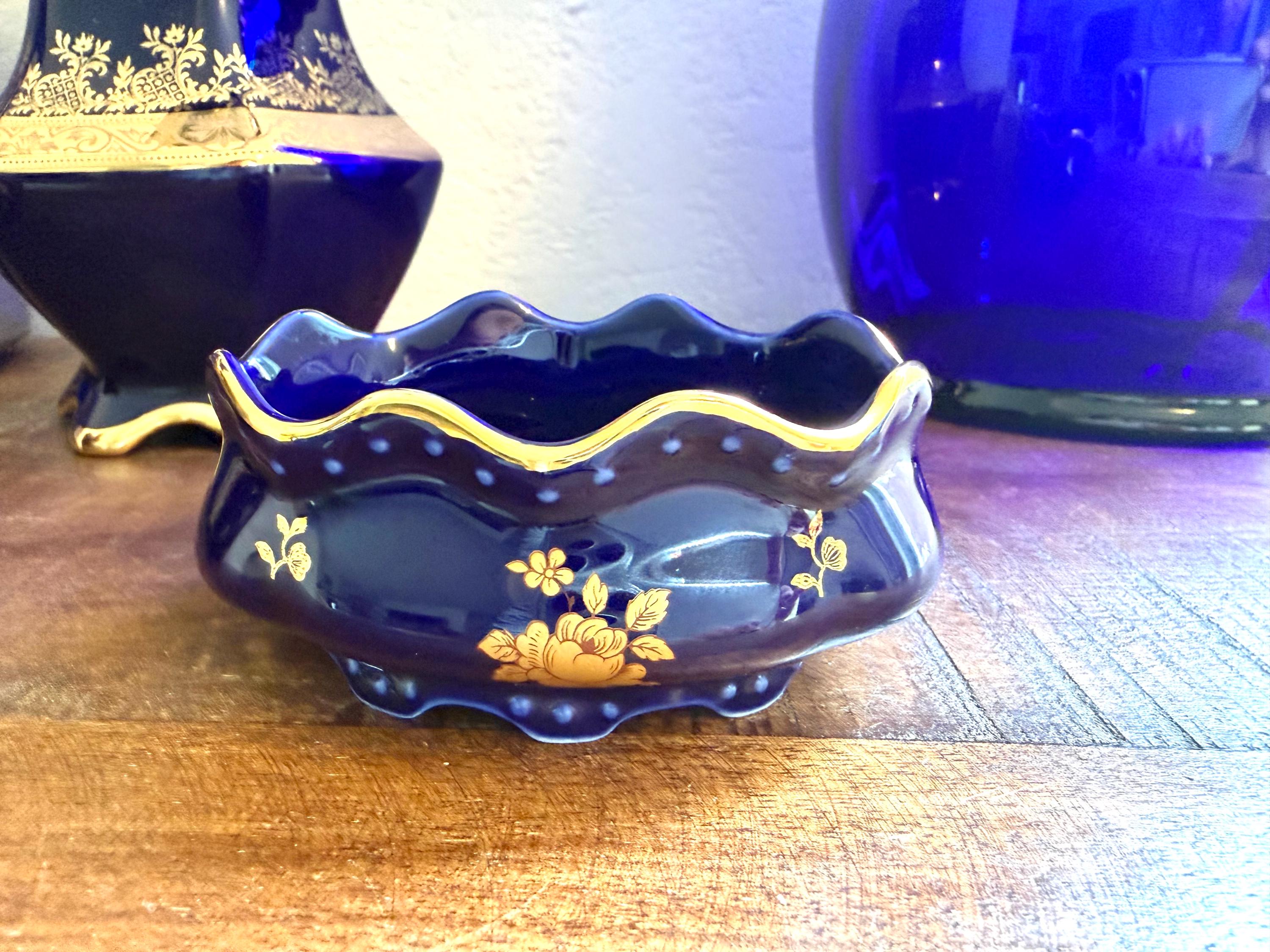 Limoges France Cobalt Blue Porcelain Trinket Dish Gold Gilt Floral VINTAGE