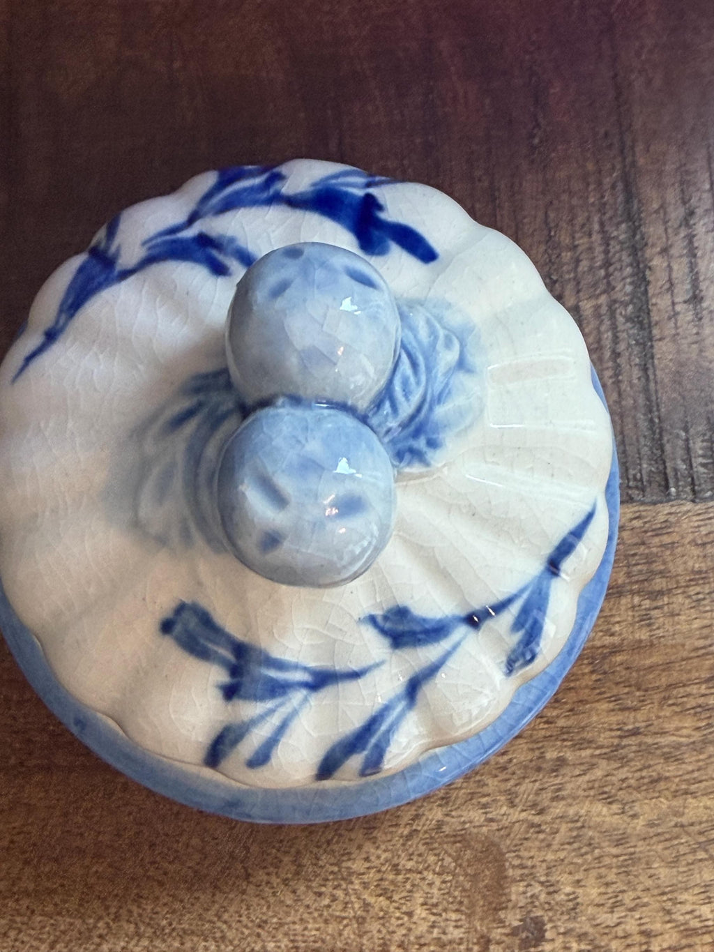 Blue White Lidded Sugar Bowl Delft Style Hand Painted Ceramic Cottage Scene Jar VINTAGE