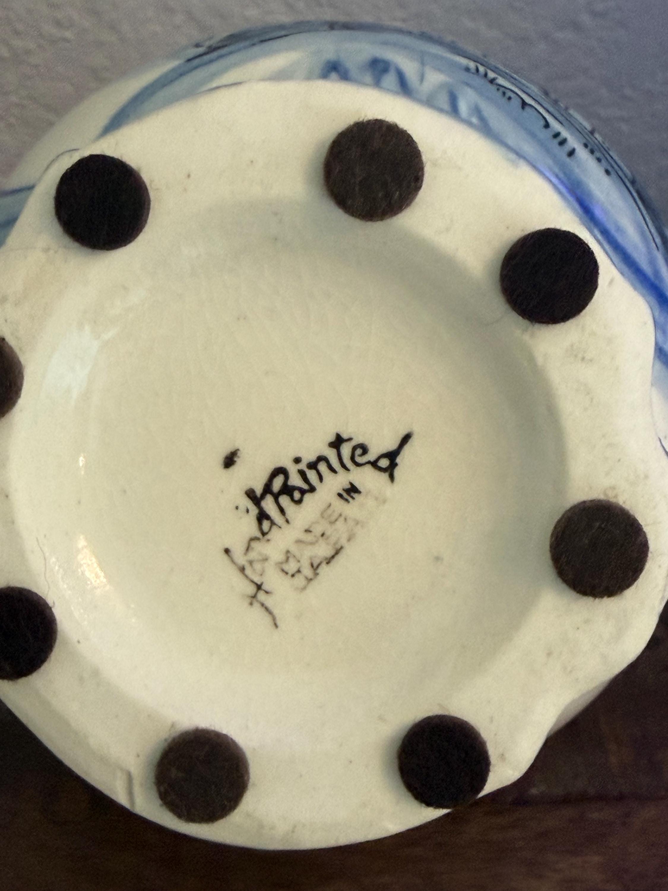 Blue White Lidded Sugar Bowl Delft Style Hand Painted Ceramic Cottage Scene Jar VINTAGE