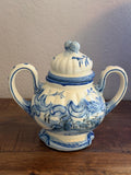 Blue White Lidded Sugar Bowl Delft Style Hand Painted Ceramic Cottage Scene Jar VINTAGE