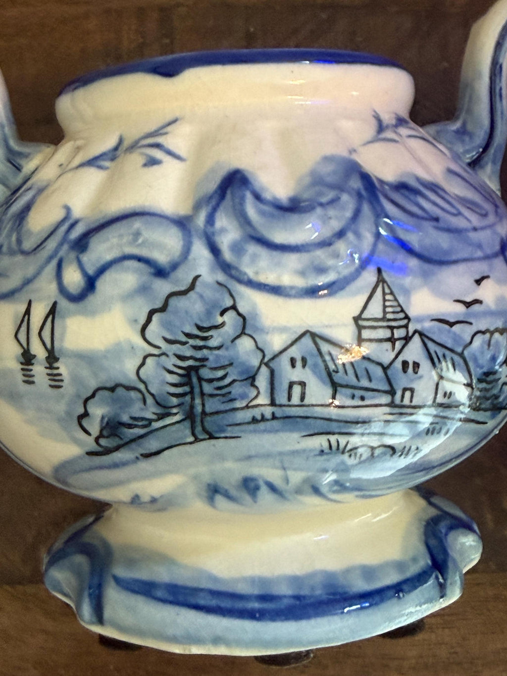 Blue White Lidded Sugar Bowl Delft Style Hand Painted Ceramic Cottage Scene Jar VINTAGE