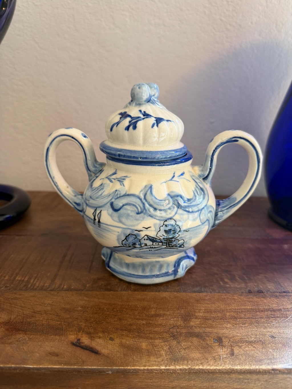 Blue White Lidded Sugar Bowl Delft Style Hand Painted Ceramic Cottage Scene Jar VINTAGE