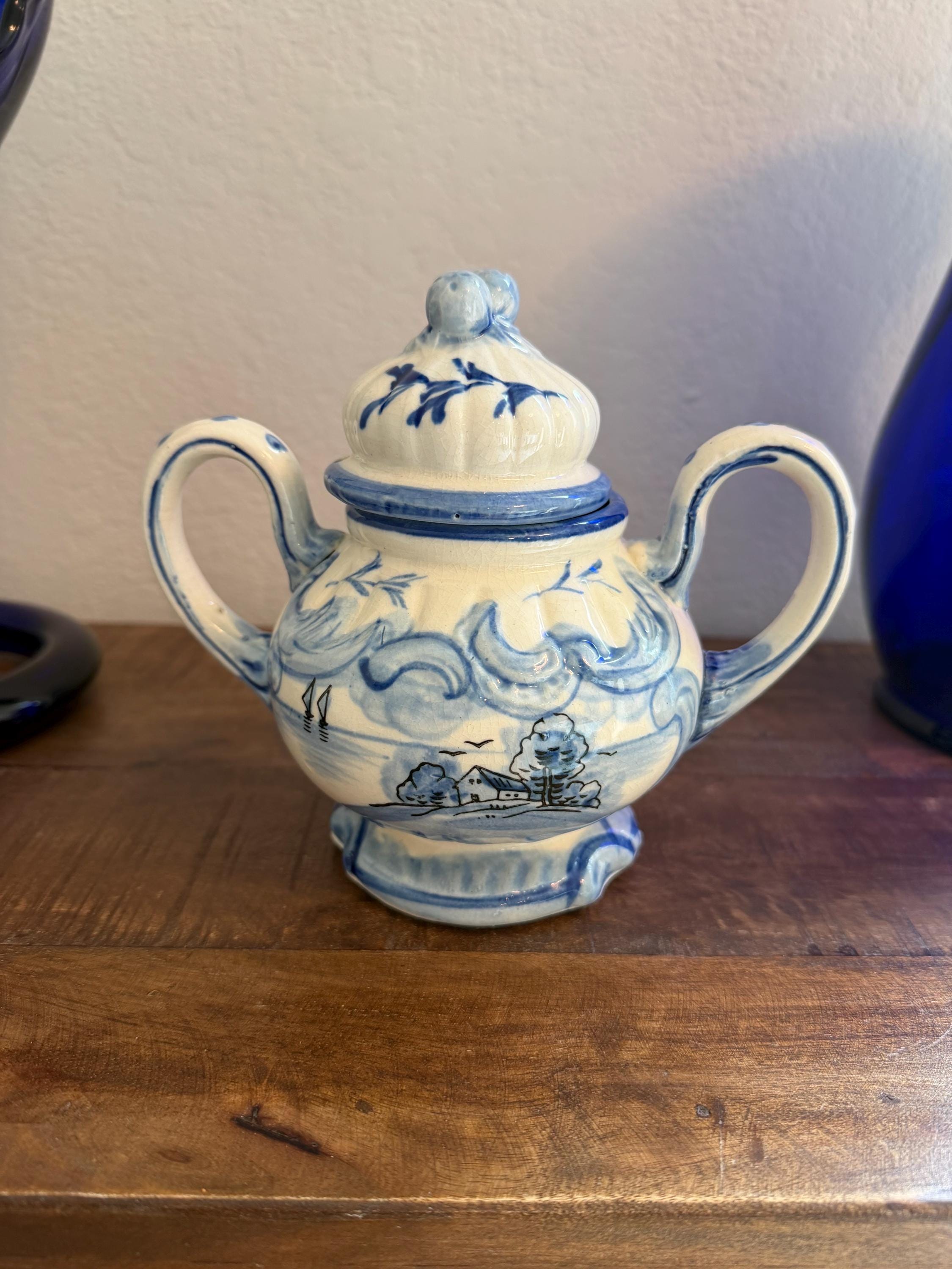 Blue White Lidded Sugar Bowl Delft Style Hand Painted Ceramic Cottage Scene Jar VINTAGE