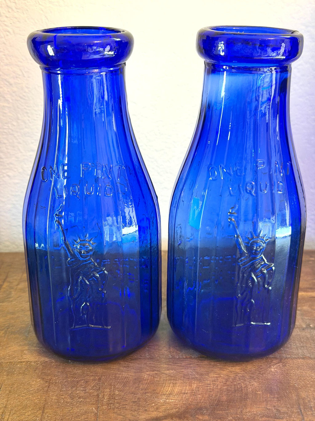 Pair Cobalt Blue Liberty Milk Bottles Buffalo NY Embossed Glass Dairy Bottles VINTAGE