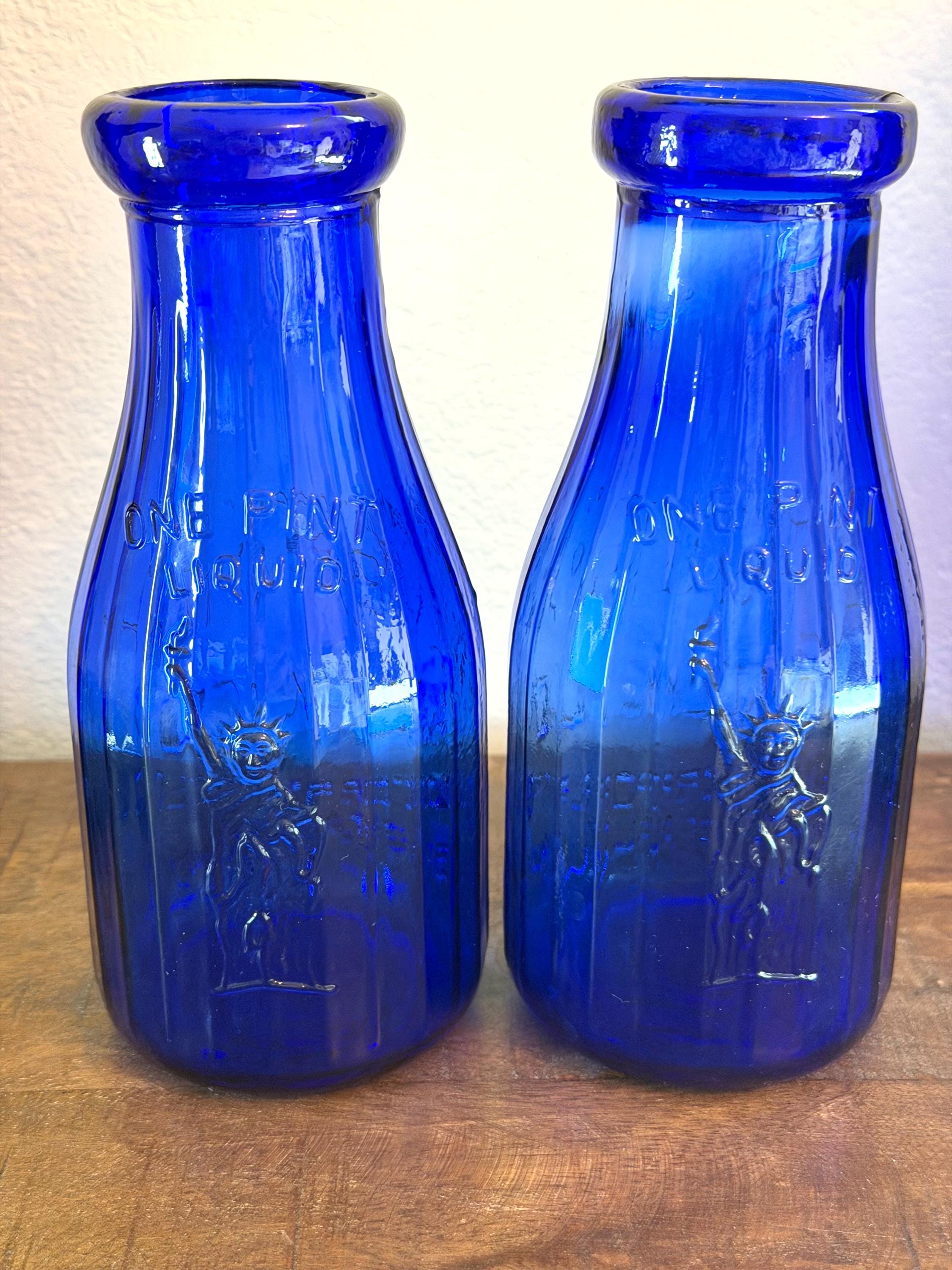 Pair Cobalt Blue Liberty Milk Bottles Buffalo NY Embossed Glass Dairy Bottles VINTAGE