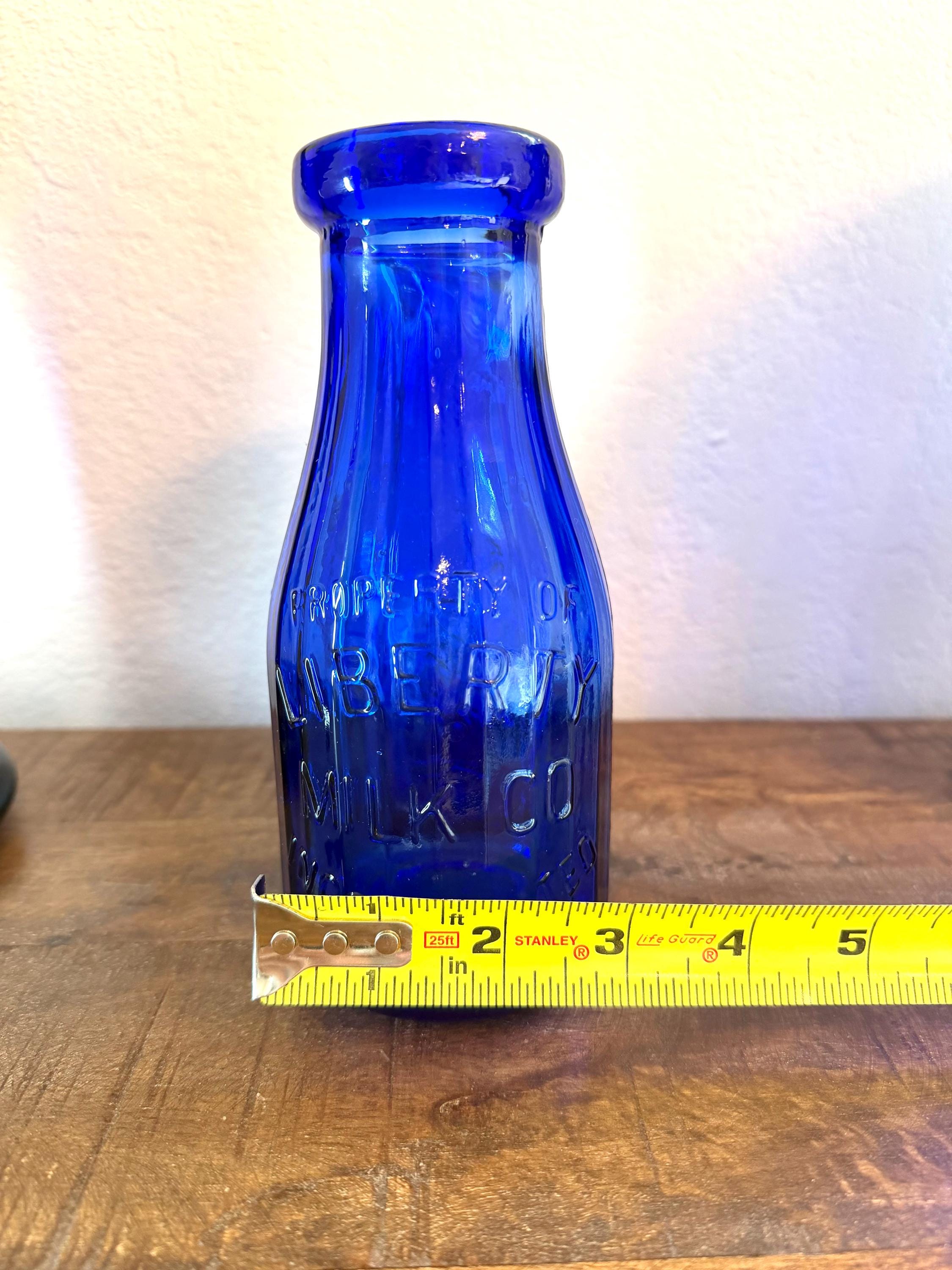 Pair Cobalt Blue Liberty Milk Bottles Buffalo NY Embossed Glass Dairy Bottles VINTAGE