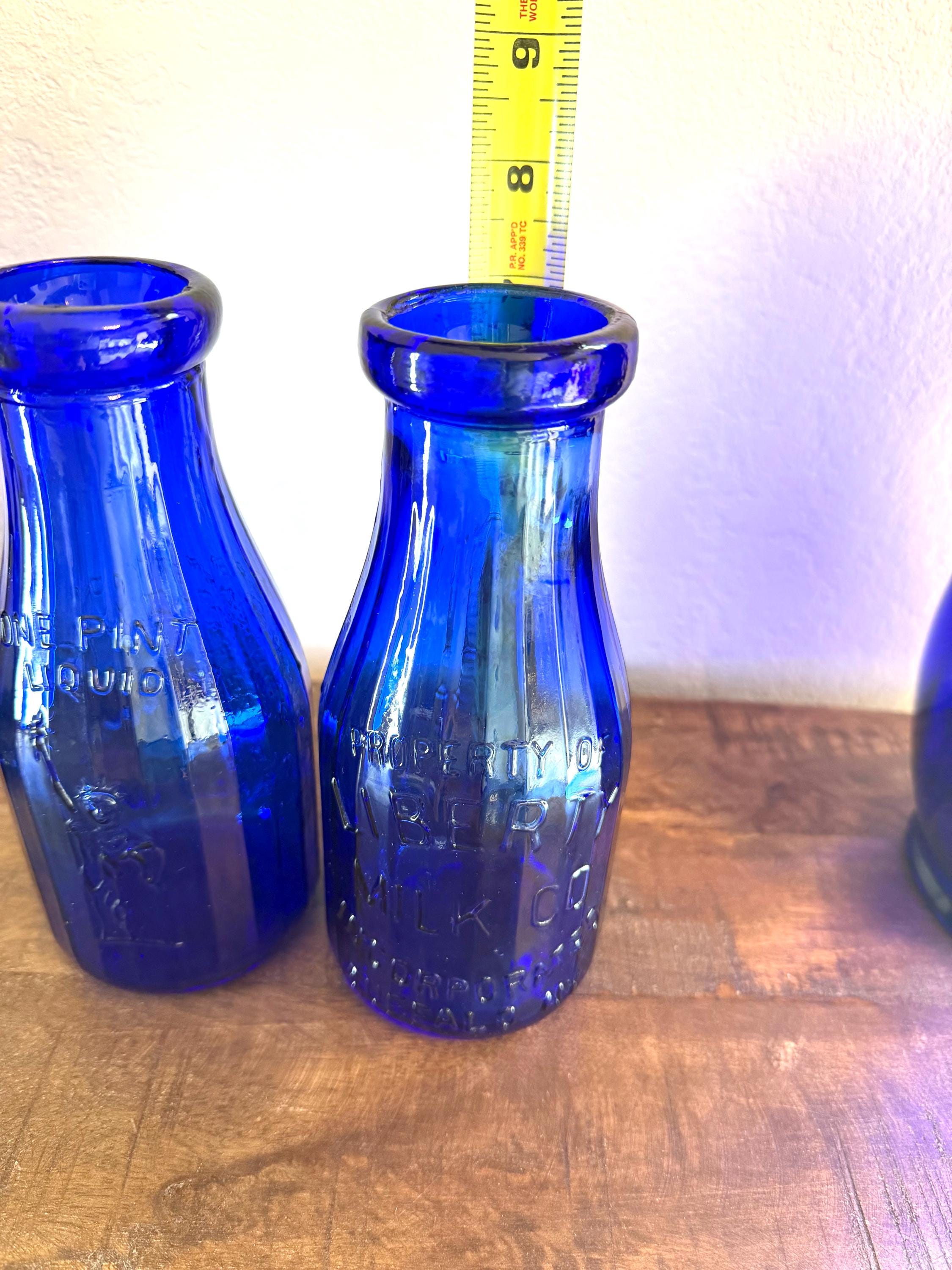 Pair Cobalt Blue Liberty Milk Bottles Buffalo NY Embossed Glass Dairy Bottles VINTAGE