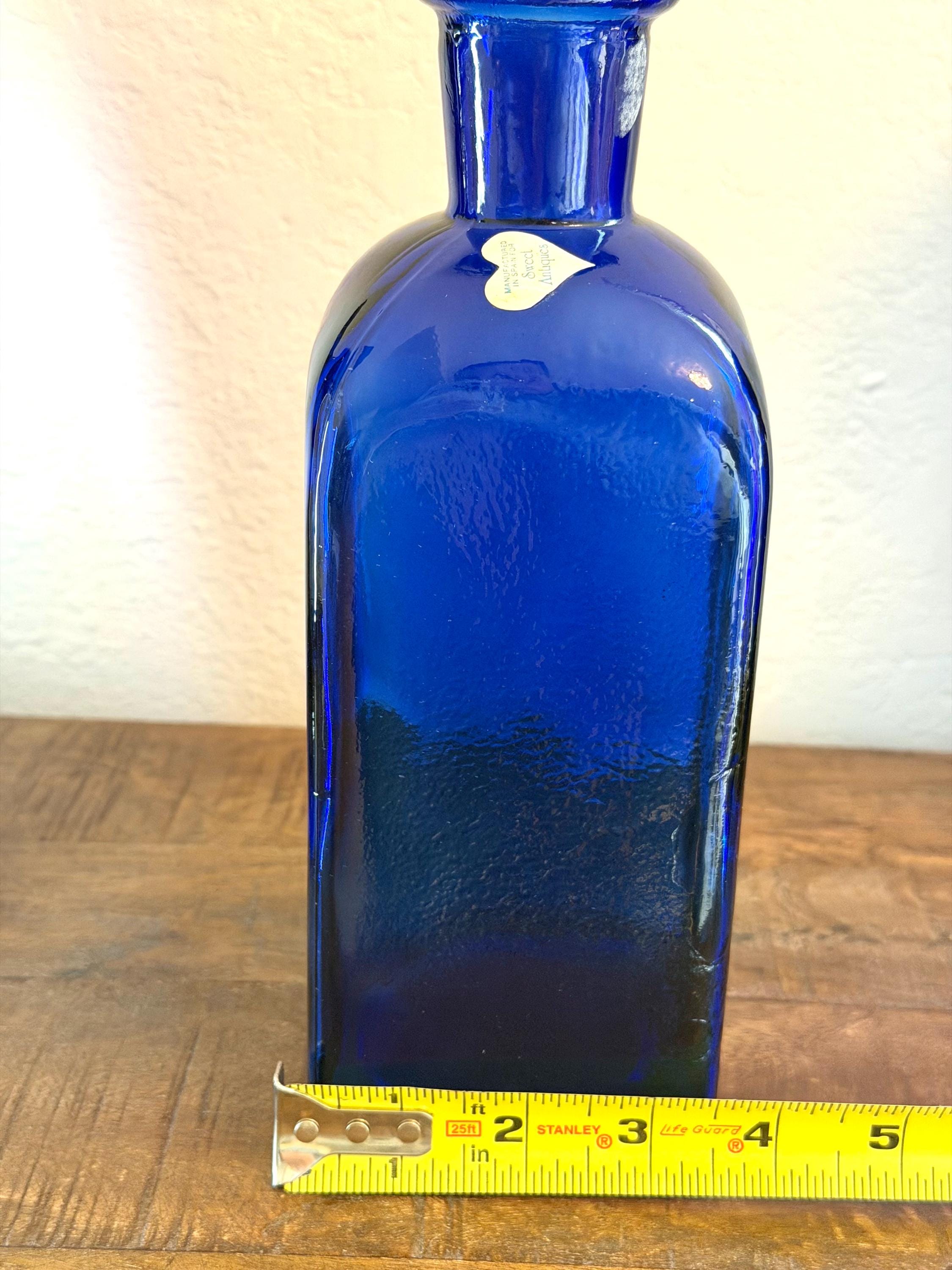 Cobalt Blue Glass Apothecary Bottle Hand Blown Style Art Glass Vase Rustic European Decor 1980s