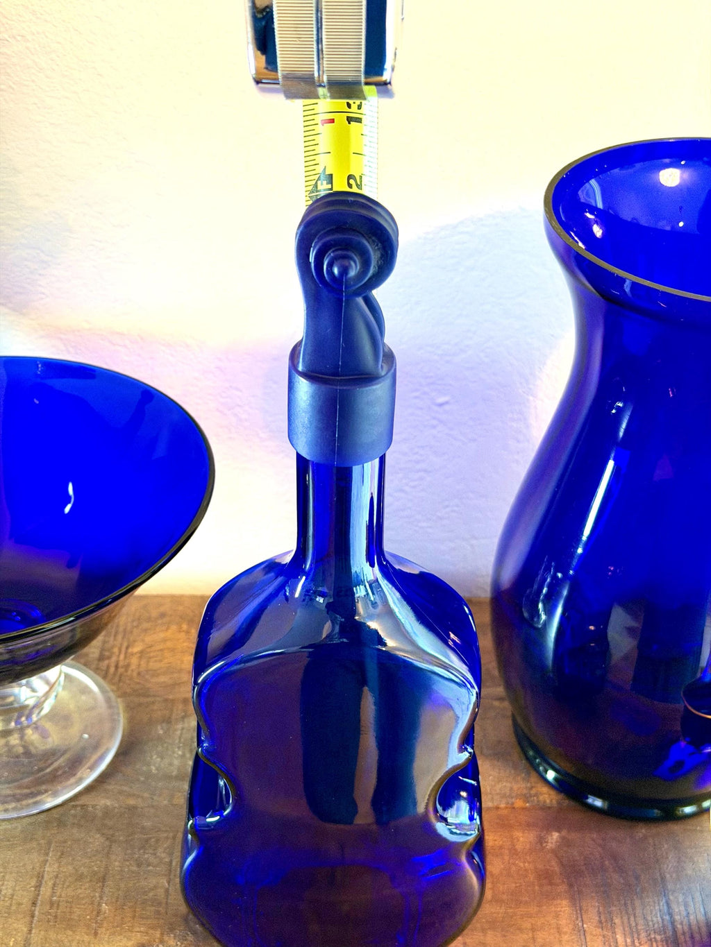 Cobalt Blue Violin Bottle Glass Decanter Sculptural MCM Music Lover Bar Decor