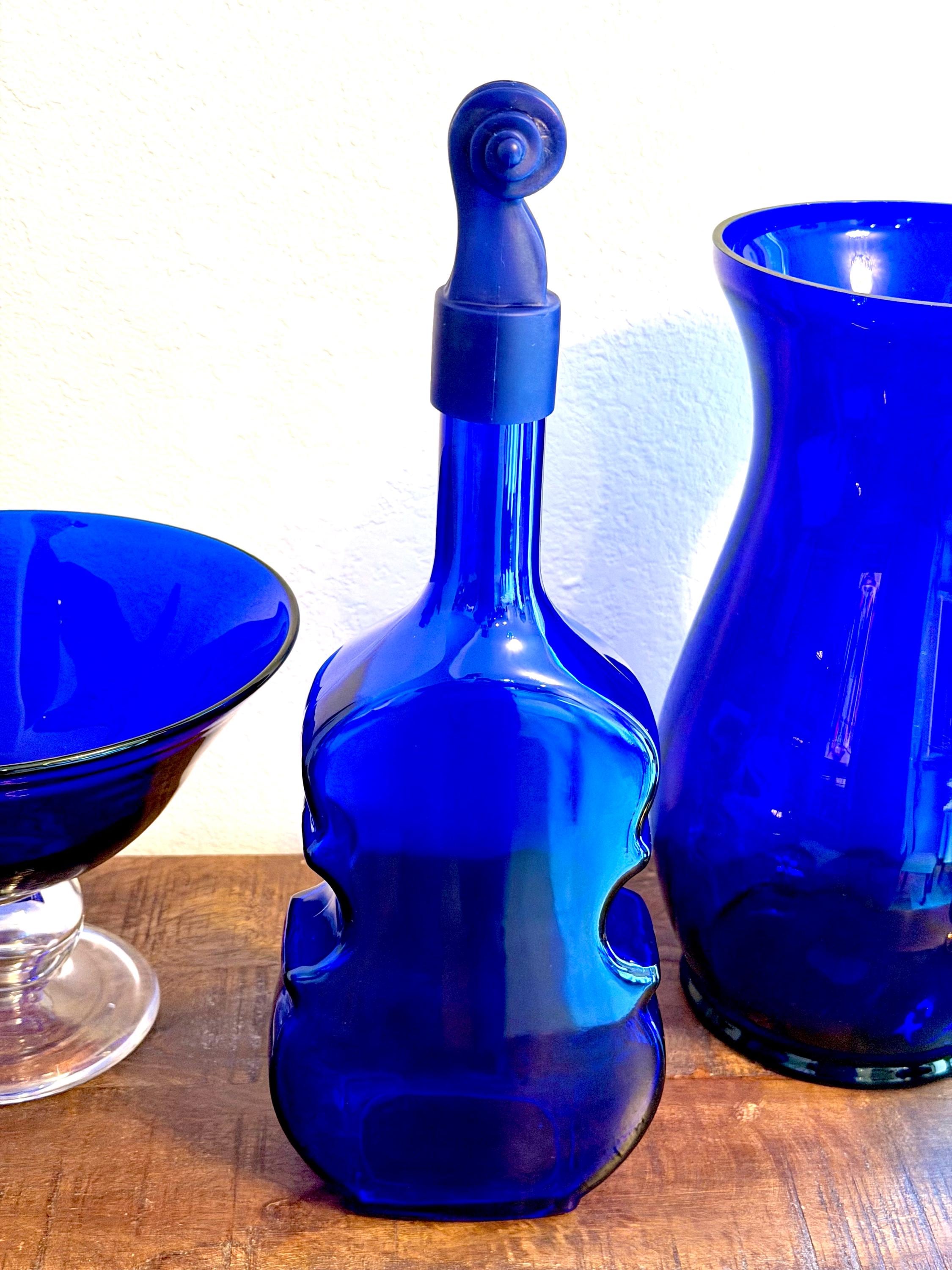 Cobalt Blue Violin Bottle Glass Decanter Sculptural MCM Music Lover Bar Decor