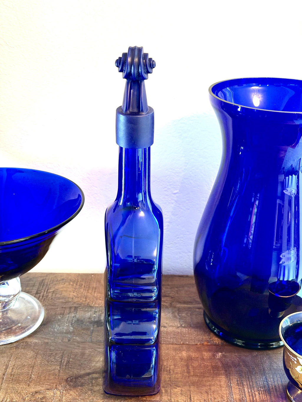 Cobalt Blue Violin Bottle Glass Decanter Sculptural MCM Music Lover Bar Decor