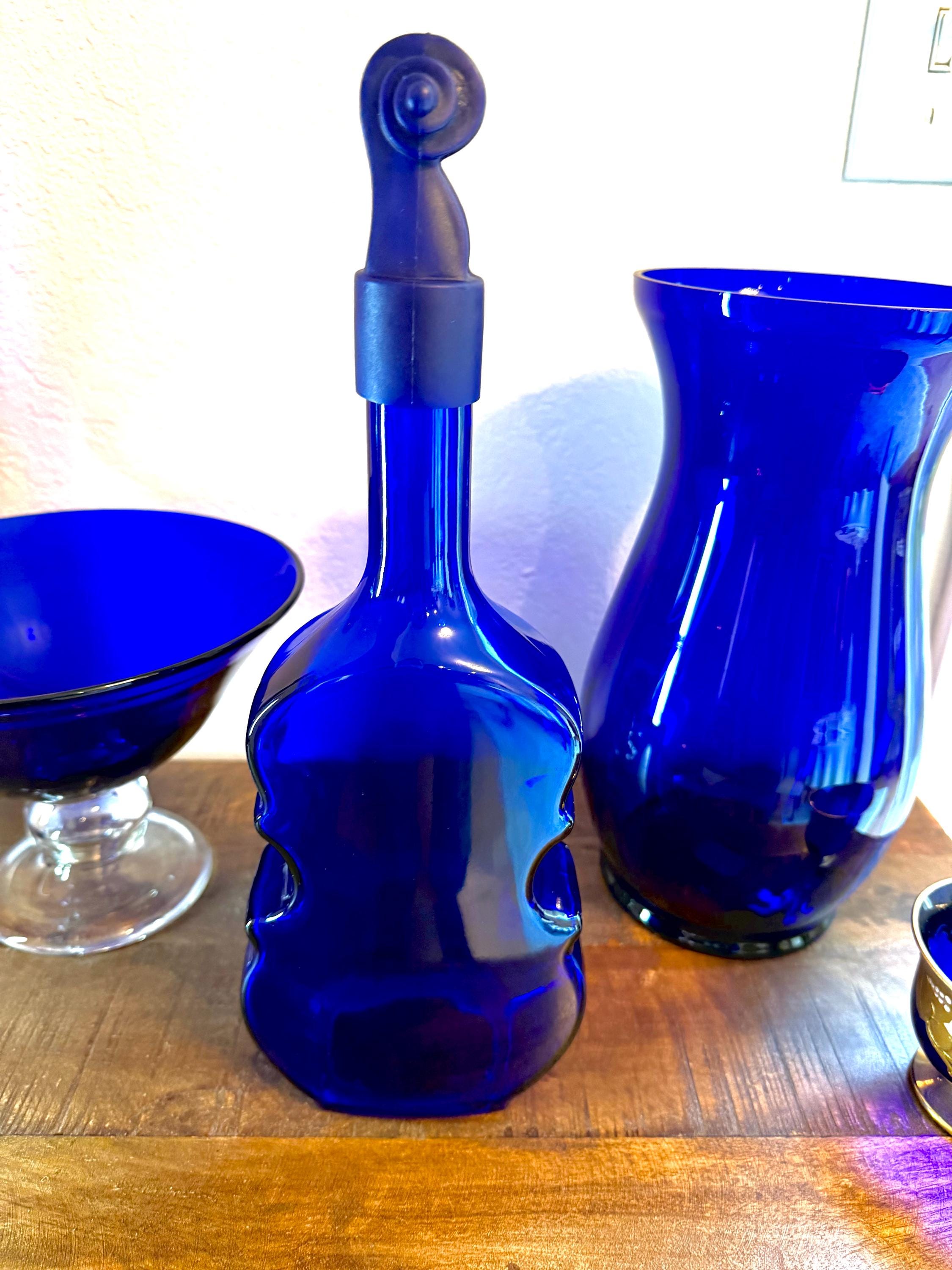 Cobalt Blue Violin Bottle Glass Decanter Sculptural MCM Music Lover Bar Decor