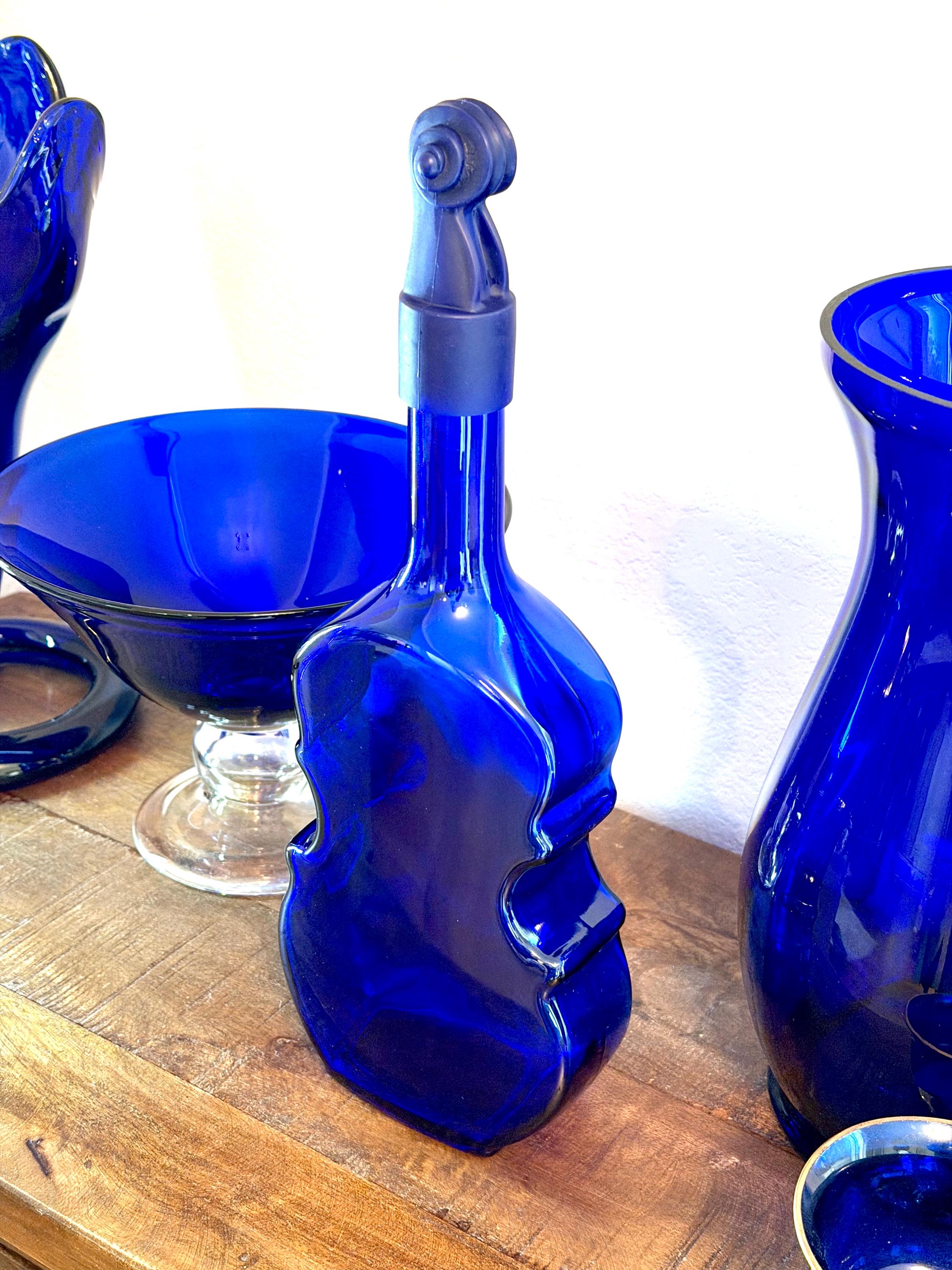 Cobalt Blue Violin Bottle Glass Decanter Sculptural MCM Music Lover Bar Decor