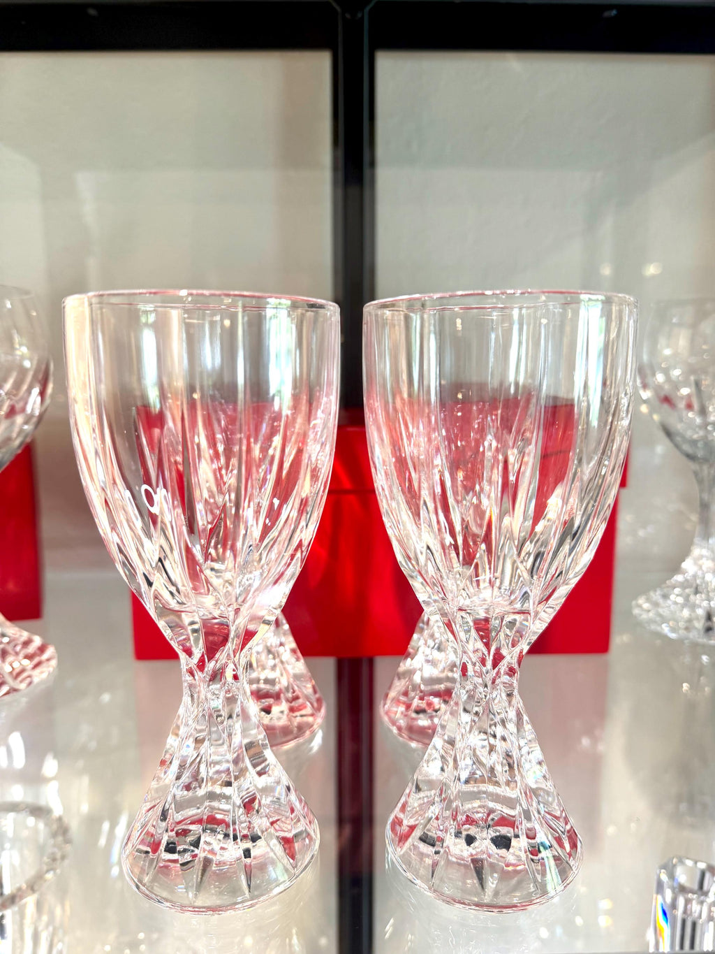 Cut Crystal Goblets Set of 4 Twisted Faceted Stemware Elegant Crystal Wine Glasses Hollywood Regency Style VINTAGE