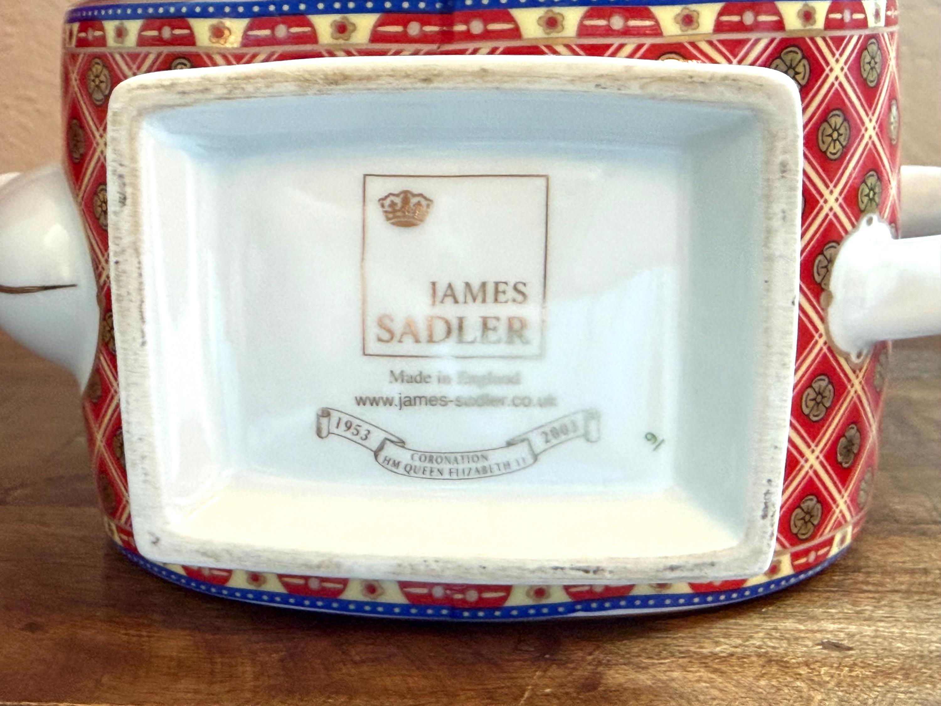 James Sadler Queen Elizabeth II Coronation Teapot & Golden Jubilee Plate Set 1953 2003 England Red Blue Gold Royal Commemorative Fine Bone C