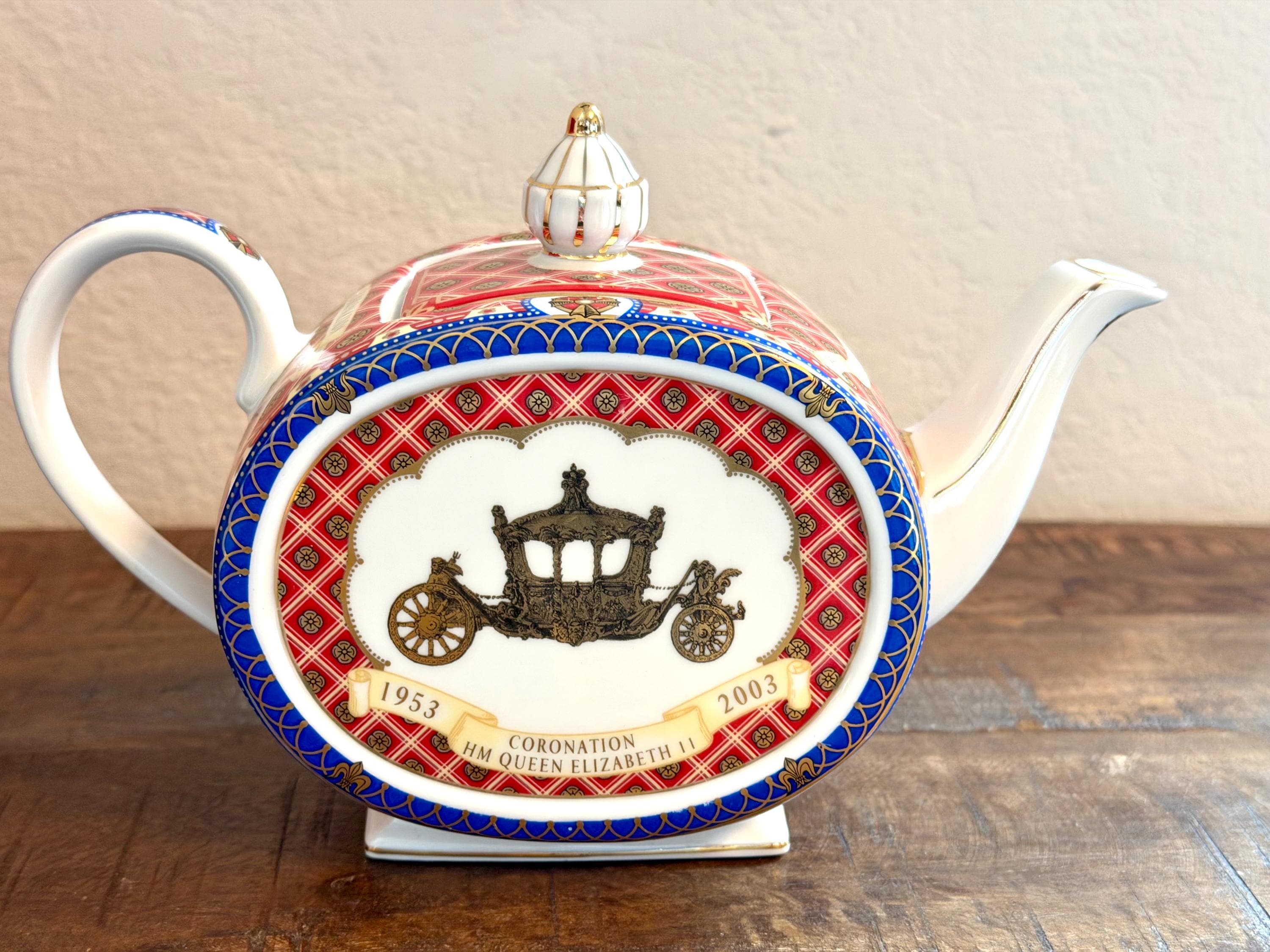 James Sadler Queen Elizabeth II Coronation Teapot & Golden Jubilee Plate Set 1953 2003 England Red Blue Gold Royal Commemorative Fine Bone C
