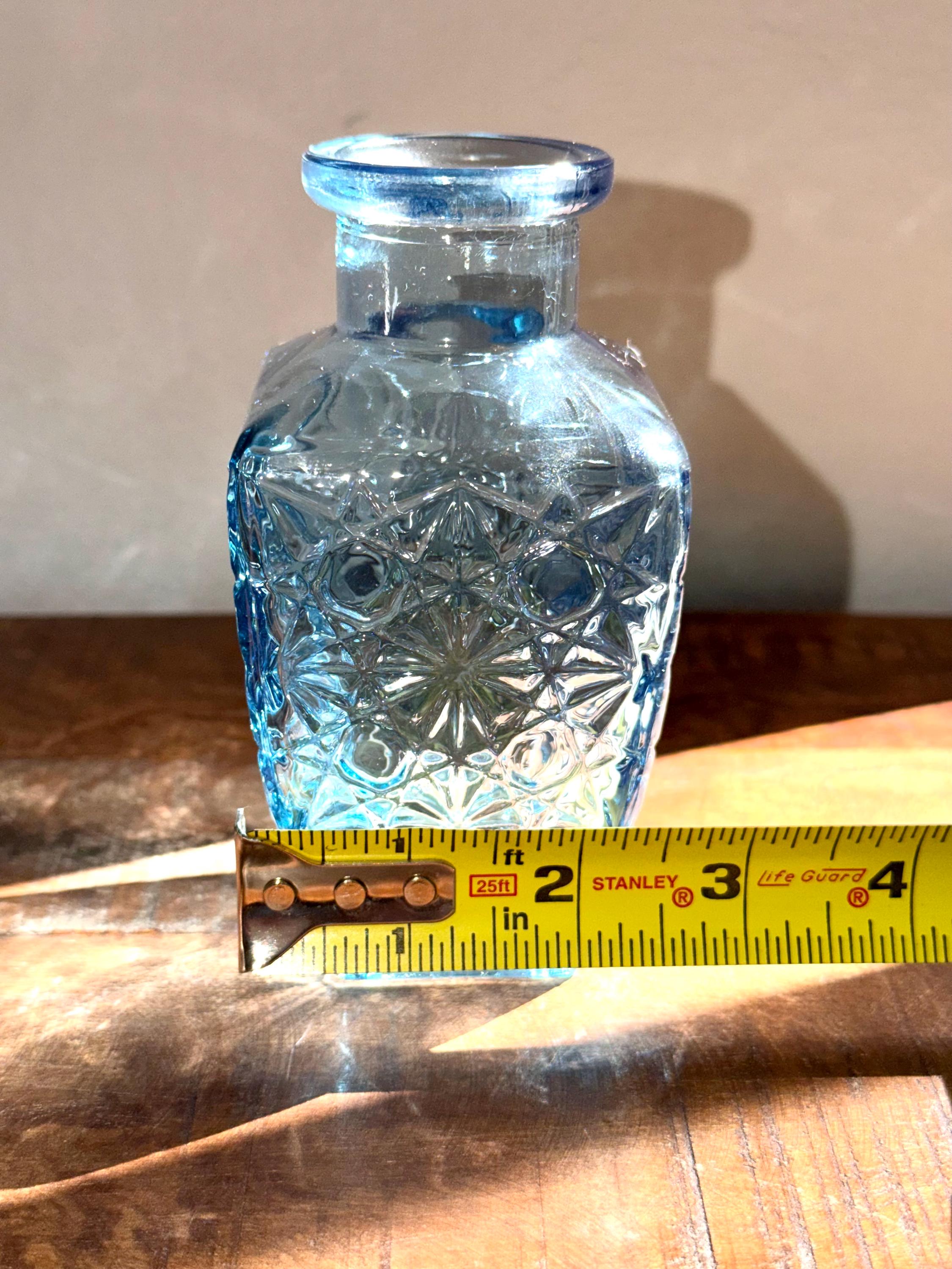 Blue Pressed Glass Bud Vase Geometric Starburst Mini Vase Cottagecore Shelf Decor Retro Floral Vase