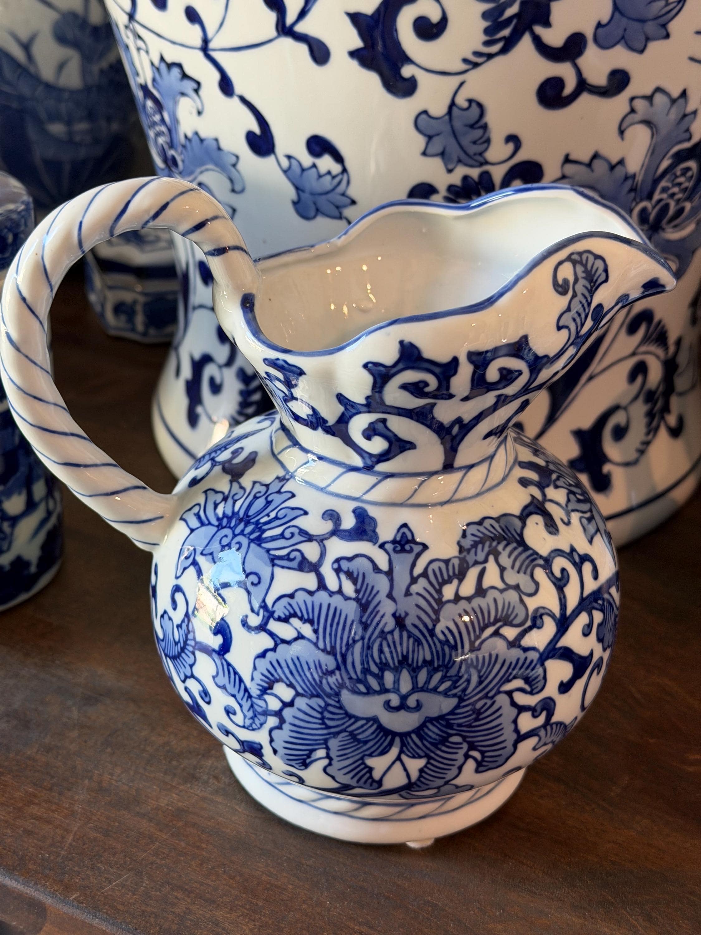 Seymour Mann China Blue Porcelain Pitcher Blue White Chinoiserie Floral Jug Made in Japan Cottagecore Decor