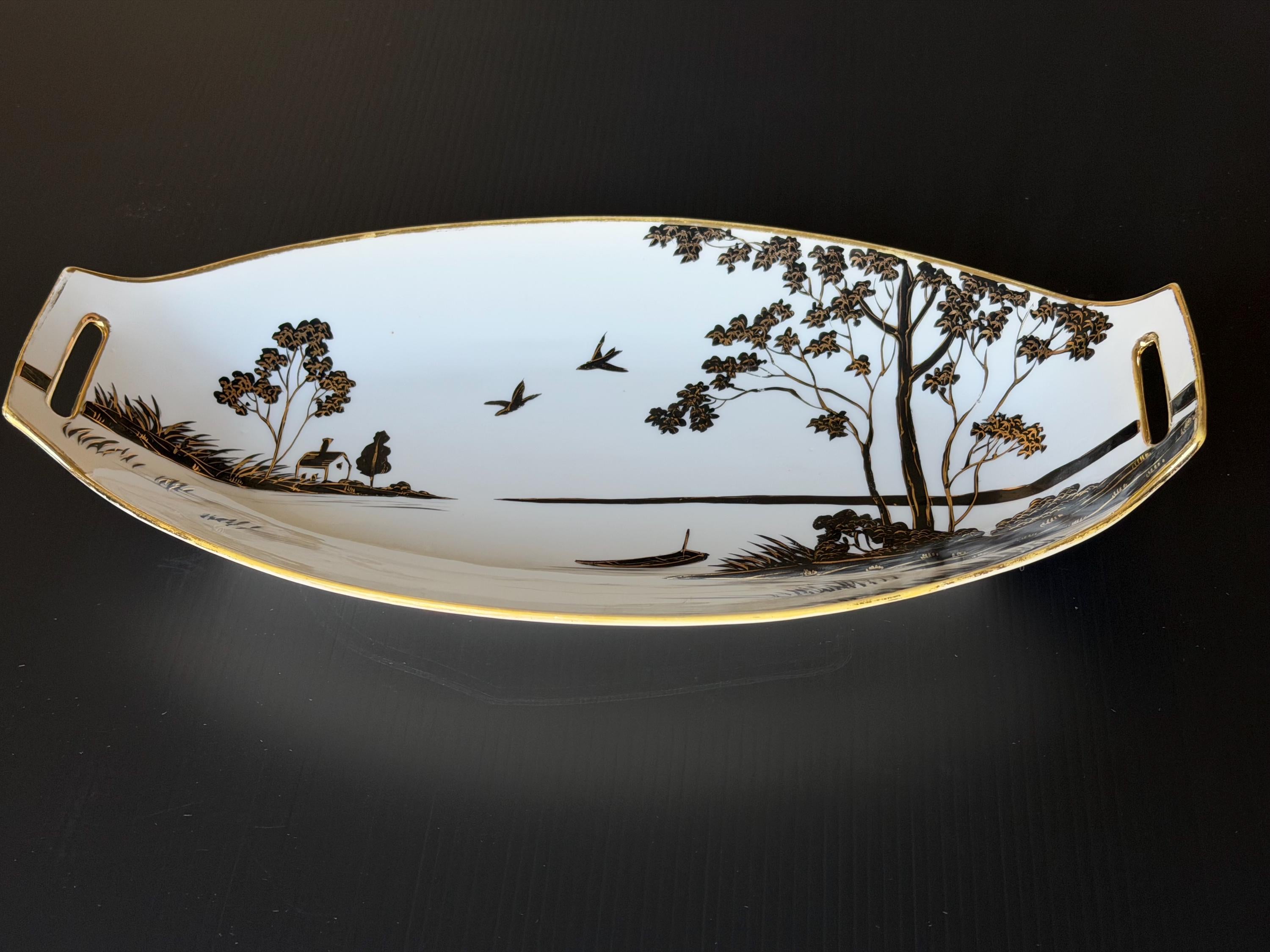 Hand Painted Nippon Porcelain Vanity Tray Black Gold Scenic Serving Tray Japanese Art Deco Decor