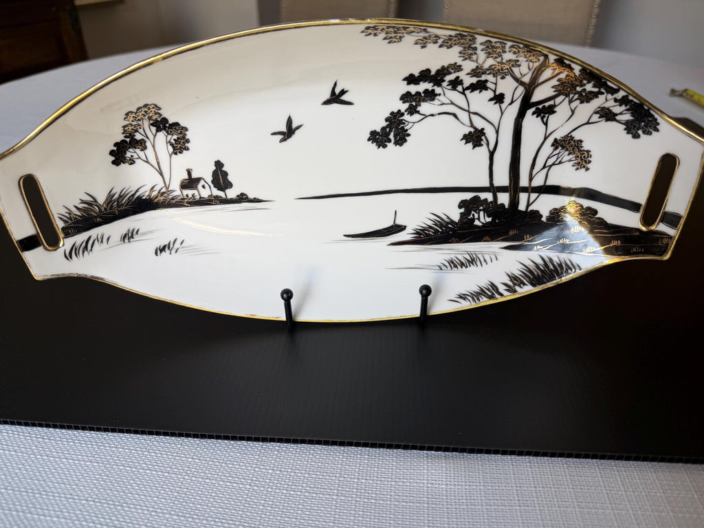 Hand Painted Nippon Porcelain Vanity Tray Black Gold Scenic Serving Tray Japanese Art Deco Decor