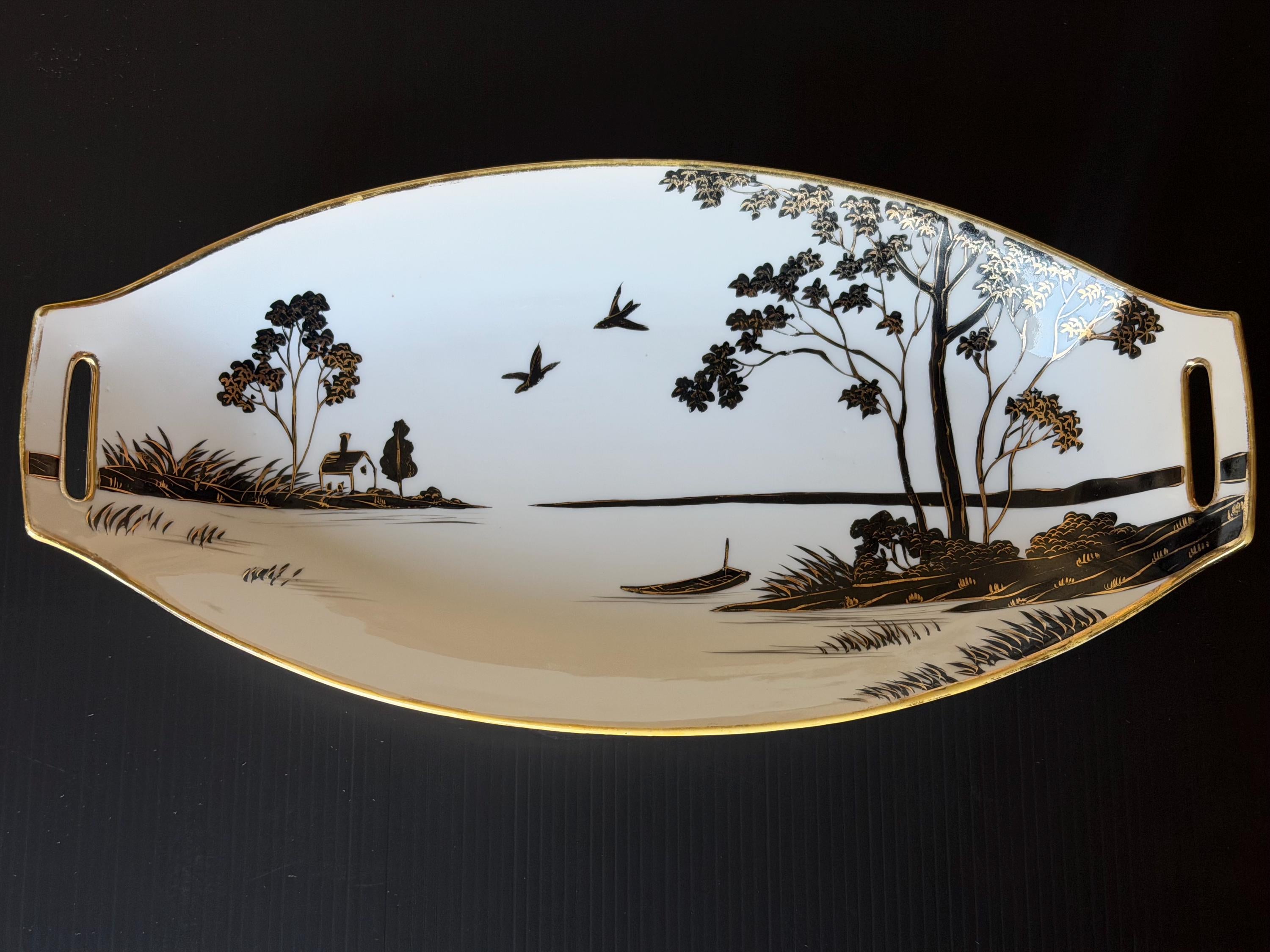 Hand Painted Nippon Porcelain Vanity Tray Black Gold Scenic Serving Tray Japanese Art Deco Decor