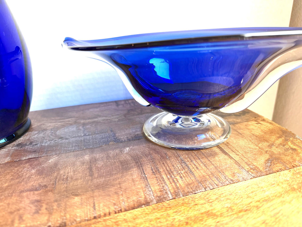 Cobalt Blue Art Glass Footed Console Bowls – Set of 2 Mid Century Modern Stretch Glass Centerpieces