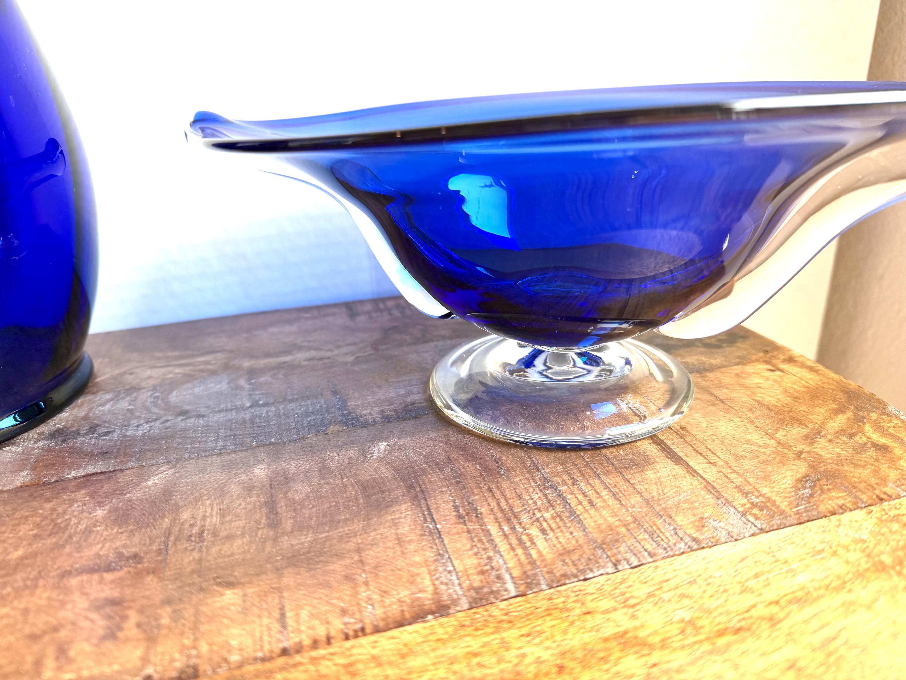 Cobalt Blue Art Glass Footed Console Bowls – Set of 2 Mid Century Modern Stretch Glass Centerpieces