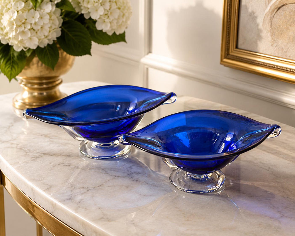 Cobalt Blue Art Glass Footed Console Bowls – Set of 2 Mid Century Modern Stretch Glass Centerpieces