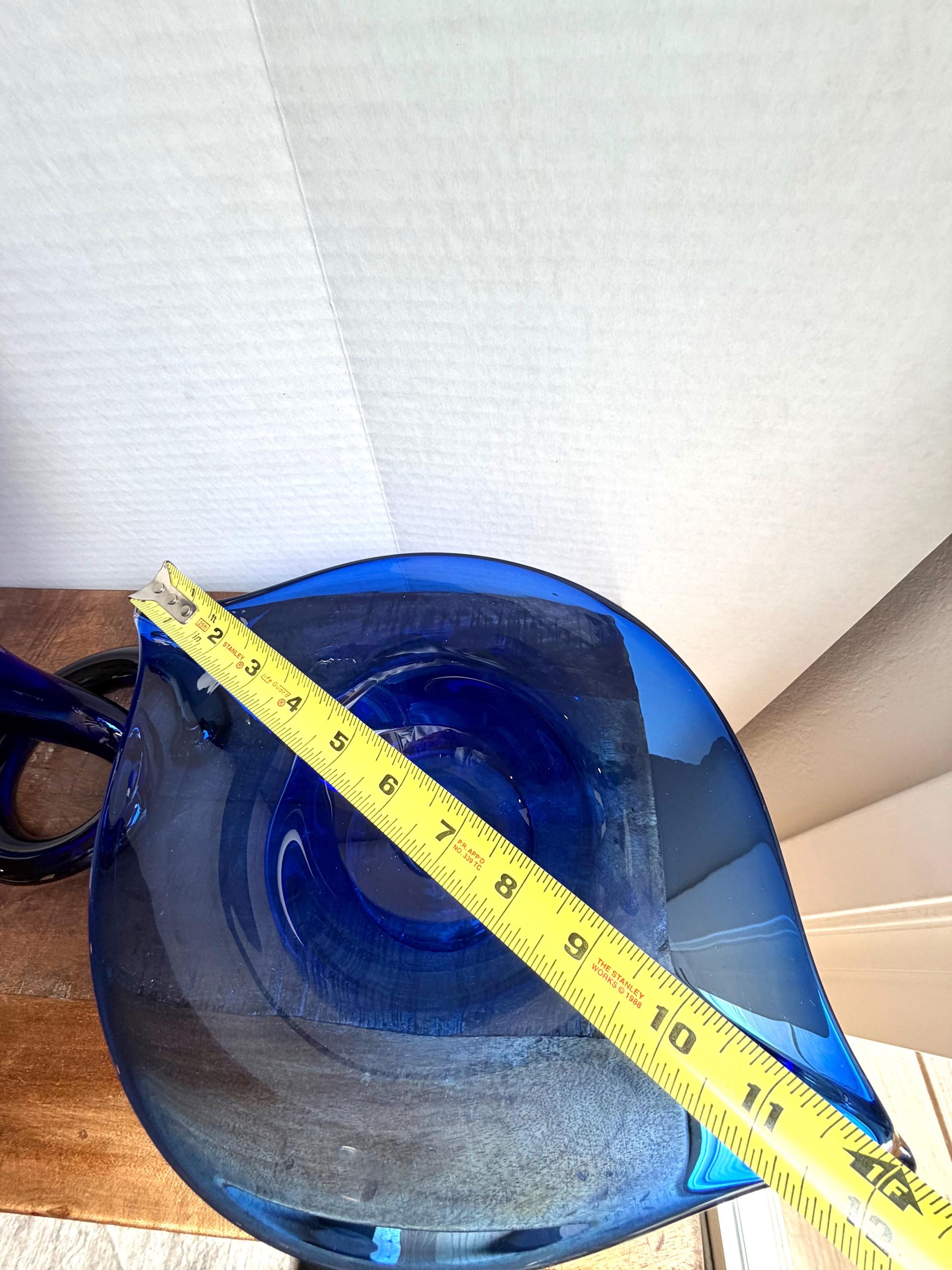 Cobalt Blue Art Glass Footed Console Bowls – Set of 2 Mid Century Modern Stretch Glass Centerpieces