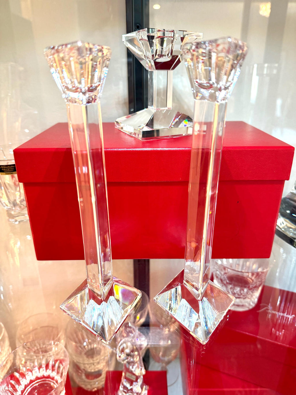 Modernist Crystal Candlesticks – Pair of Geometric Faceted Candle Holders Vintage