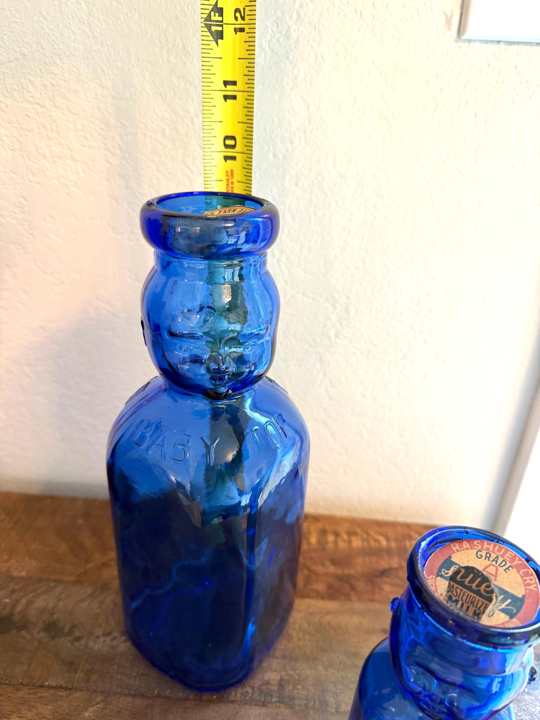 Cobalt Blue Baby Bottle Pair – Figural Glass Nursery Bottles – Depression Era Style Milk Bottles – Oakland & Laskey Dairy Advertising Glass