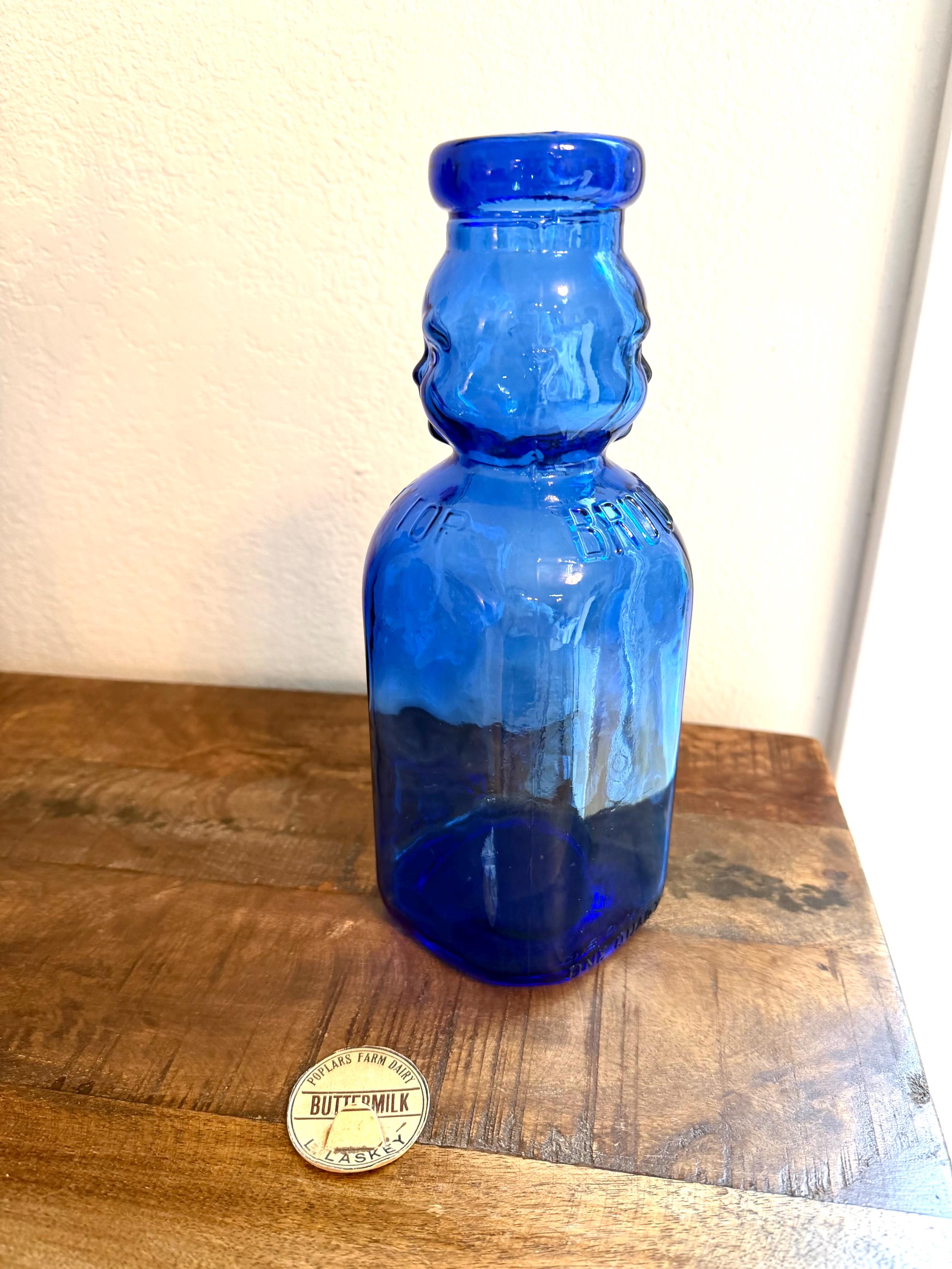 Cobalt Blue Baby Bottle Pair – Figural Glass Nursery Bottles – Depression Era Style Milk Bottles – Oakland & Laskey Dairy Advertising Glass