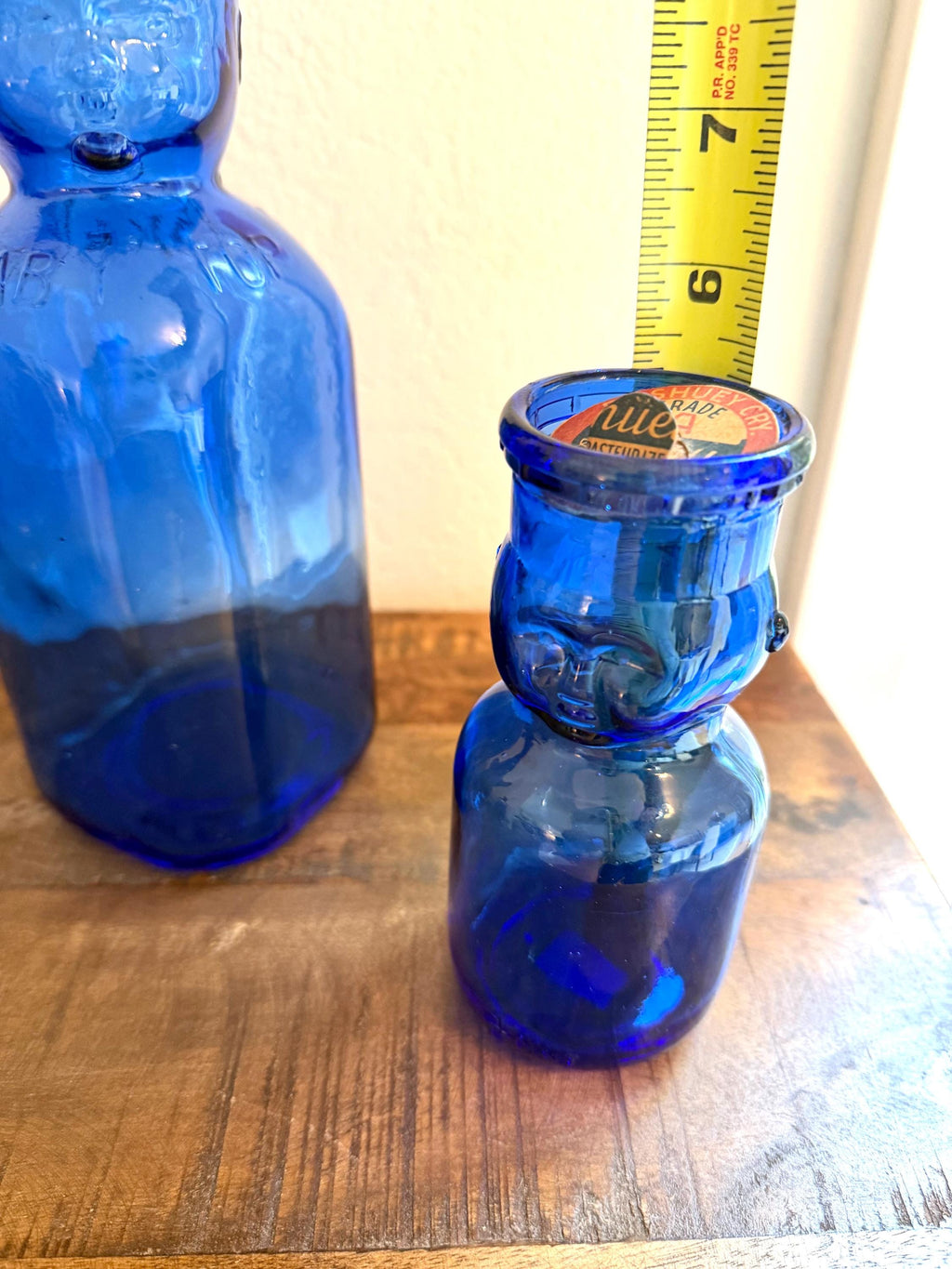 Cobalt Blue Baby Bottle Pair – Figural Glass Nursery Bottles – Depression Era Style Milk Bottles – Oakland & Laskey Dairy Advertising Glass