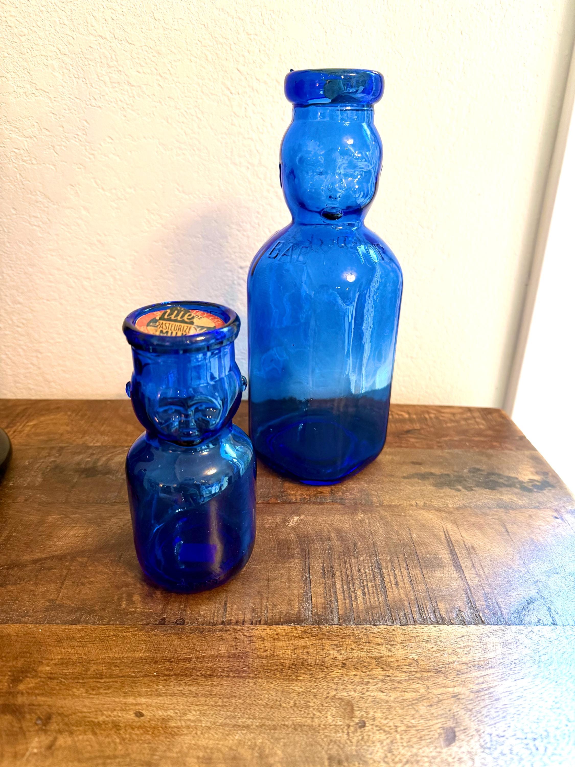 Cobalt Blue Baby Bottle Pair – Figural Glass Nursery Bottles – Depression Era Style Milk Bottles – Oakland & Laskey Dairy Advertising Glass
