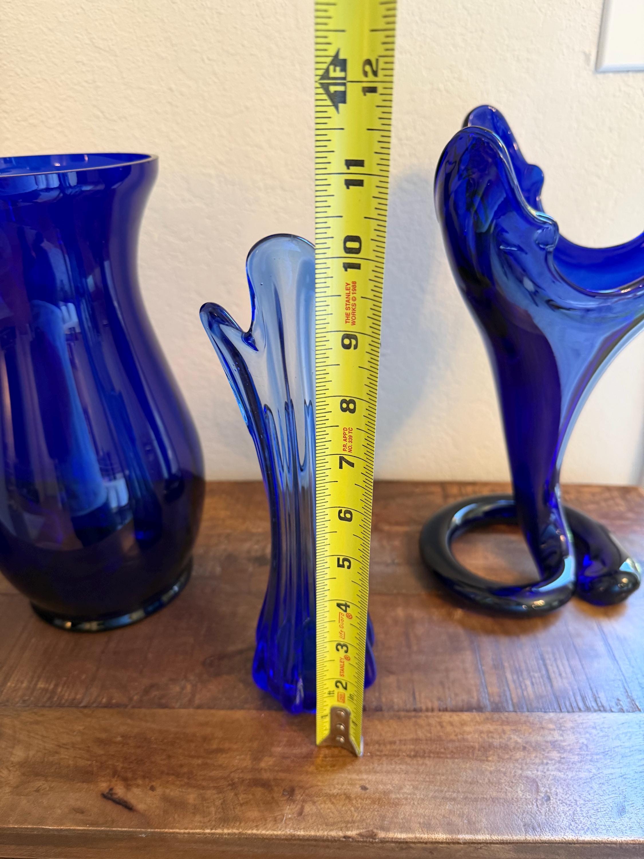 Cobalt Blue Art Glass Bud Vase – Mid Century Modern Stretch Glass Style Vase – Sculptural Sapphire Blue Glass Decor